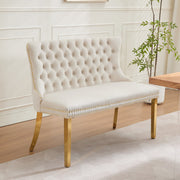 Velvet Double Dining Loveseat Bench, 2-Seat Tufted Wing Back Gold-Plated Steel Legs, Beige Velvet
