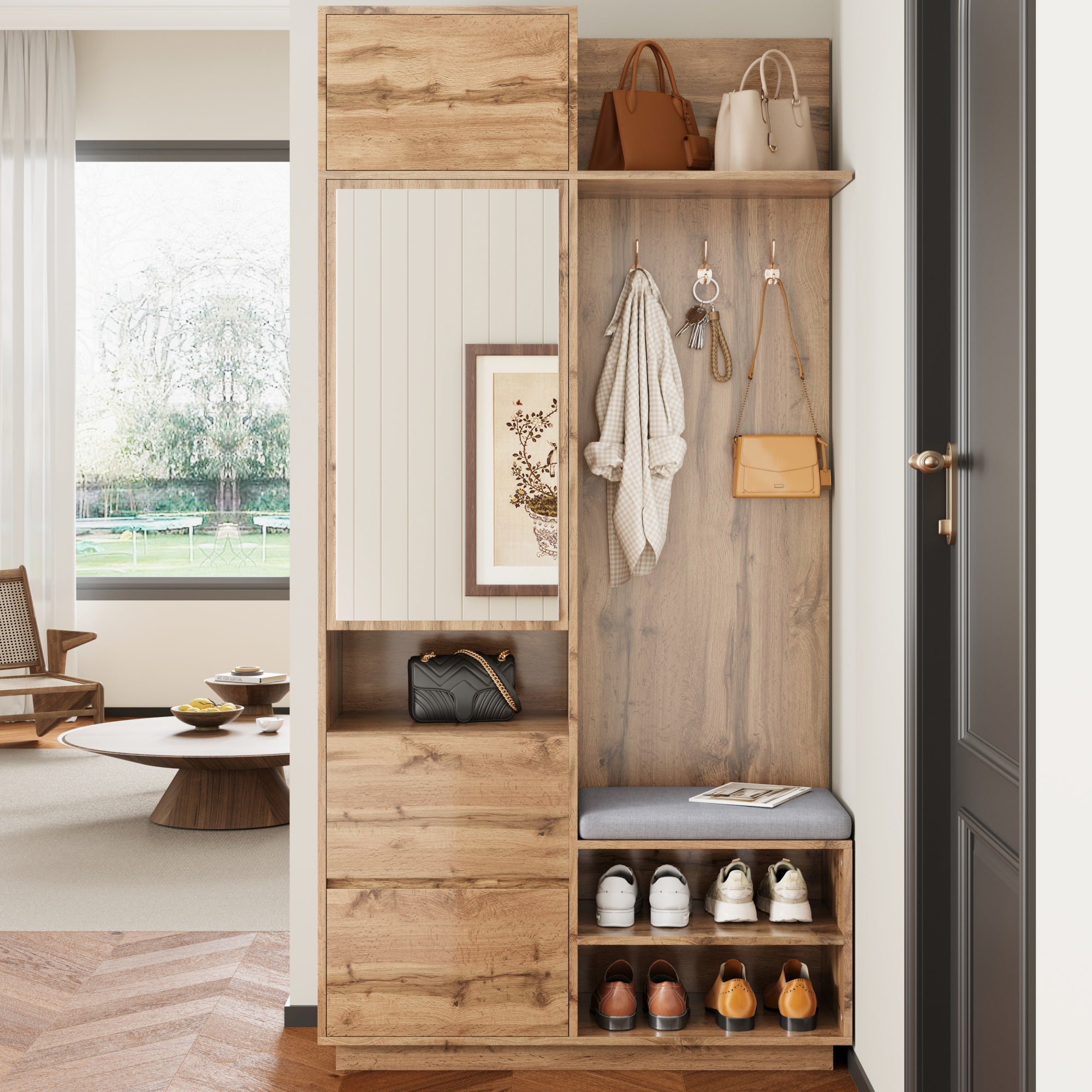 Compact Wardrobe with Mirror, Bench, Shoe Cabinet & Hooks, Natural MDF