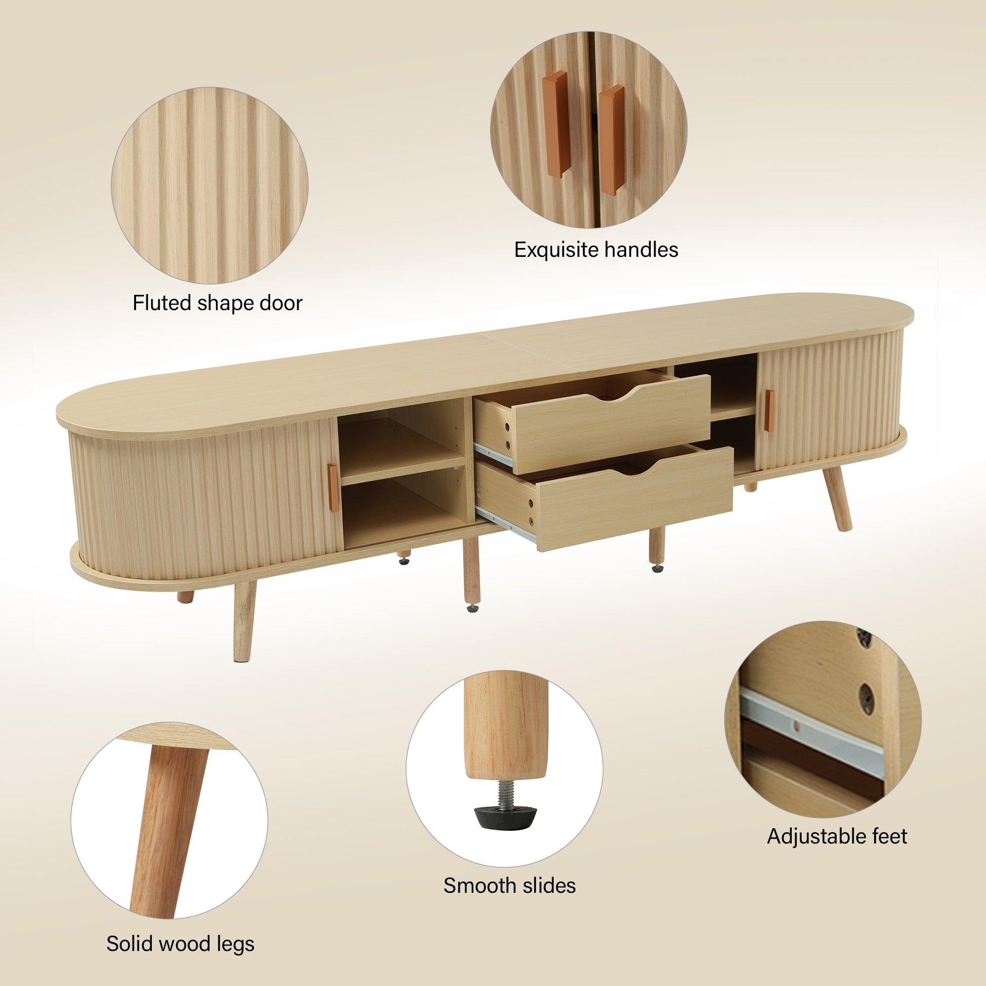 TV Cabinet & Coffee Table Set, Oval Combination Storage, Original Wood Color MDF