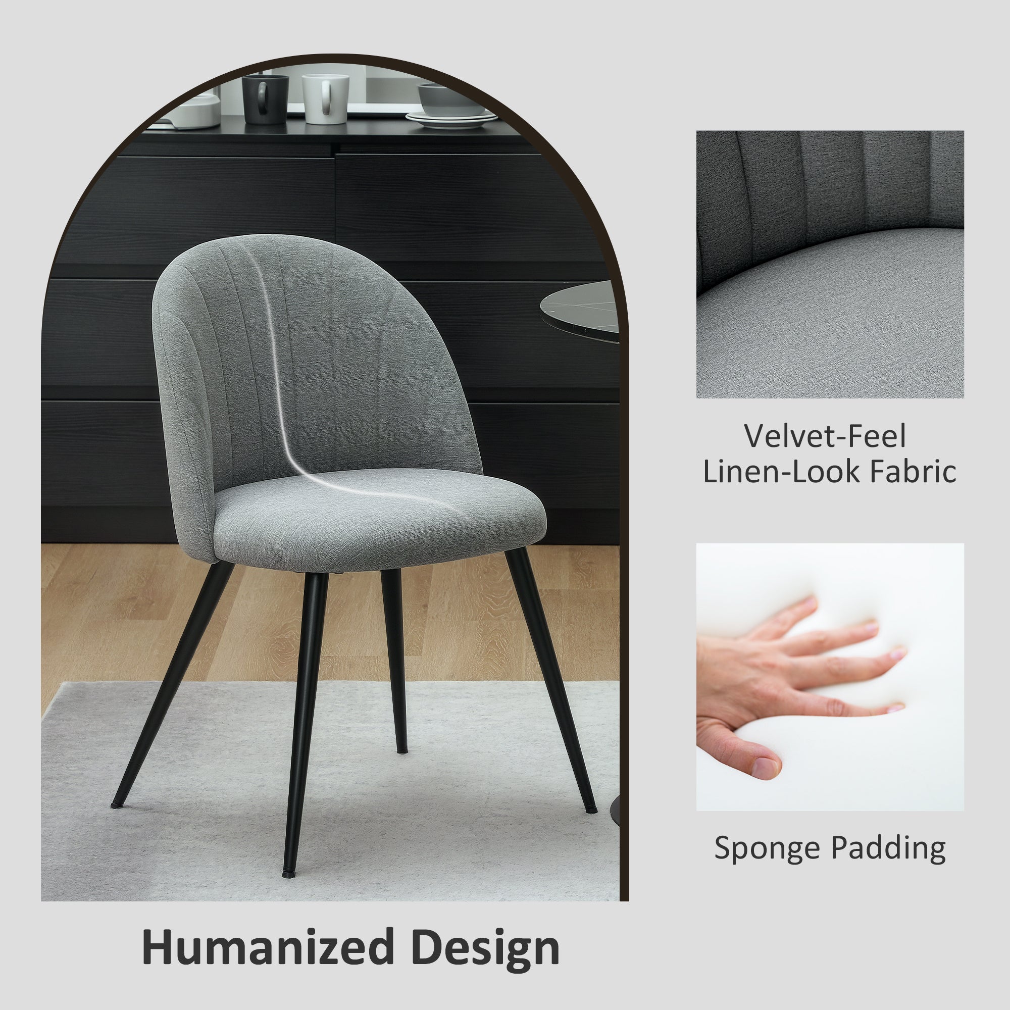 Dining Chairs Set of 2, Modern Upholstered Shell Back Metal Legs Padded Seat, Grey