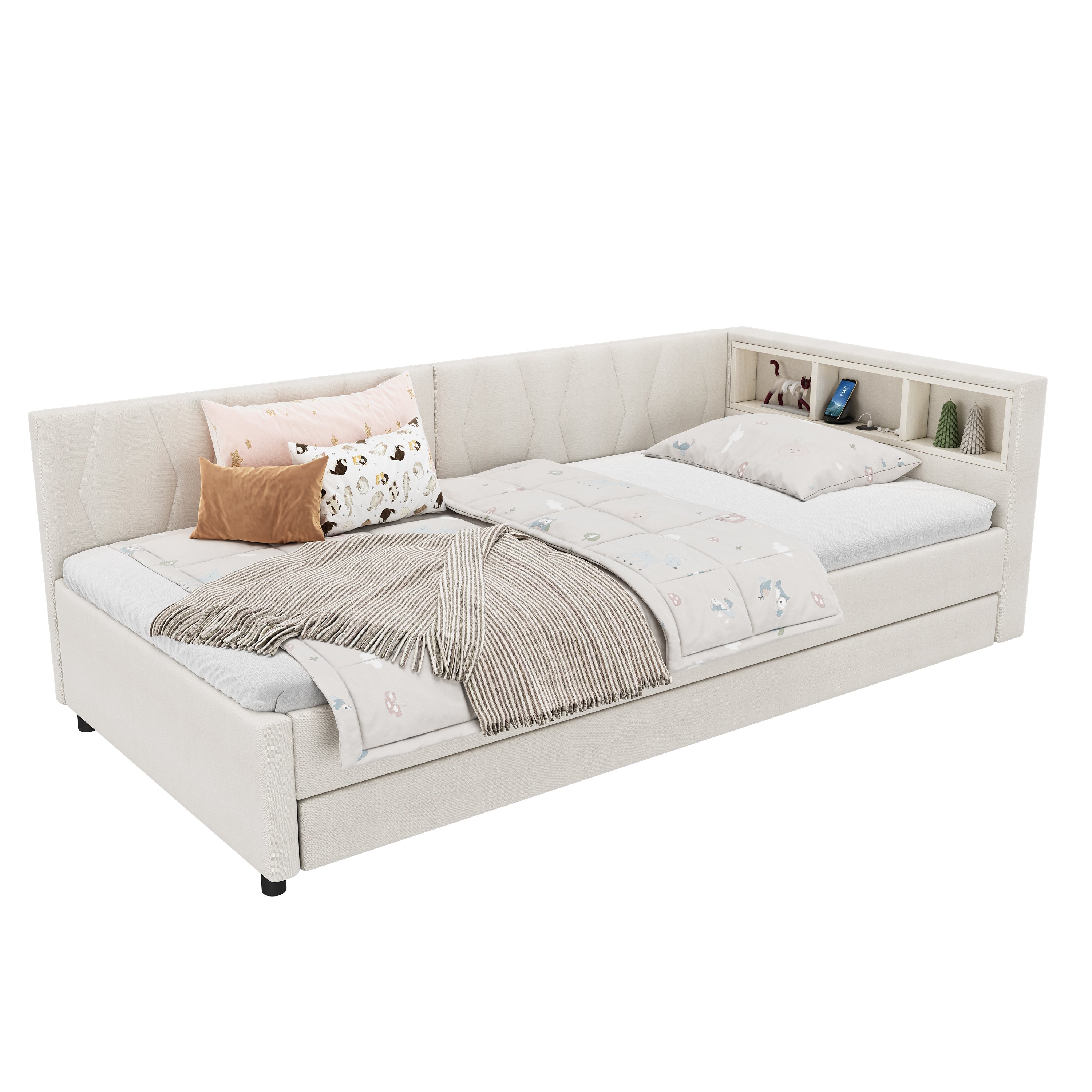 Daybed Sofa Bed 90x200cm Pull-out Bed Storage LED USB/Type-C - Linen Beige