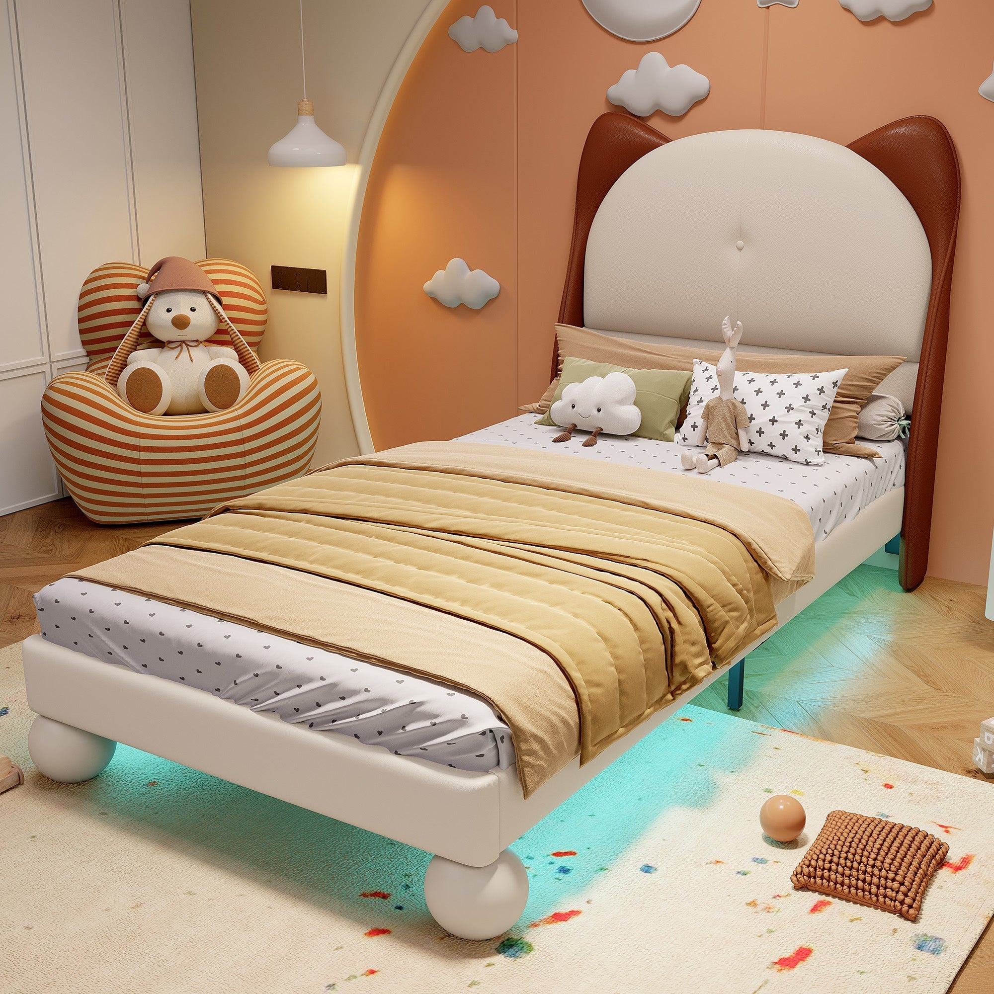 Upholstered Bed, Single/Children's, Cat-Ear Headboard, LED Light Strip, Beige + Yellow-Brown PU