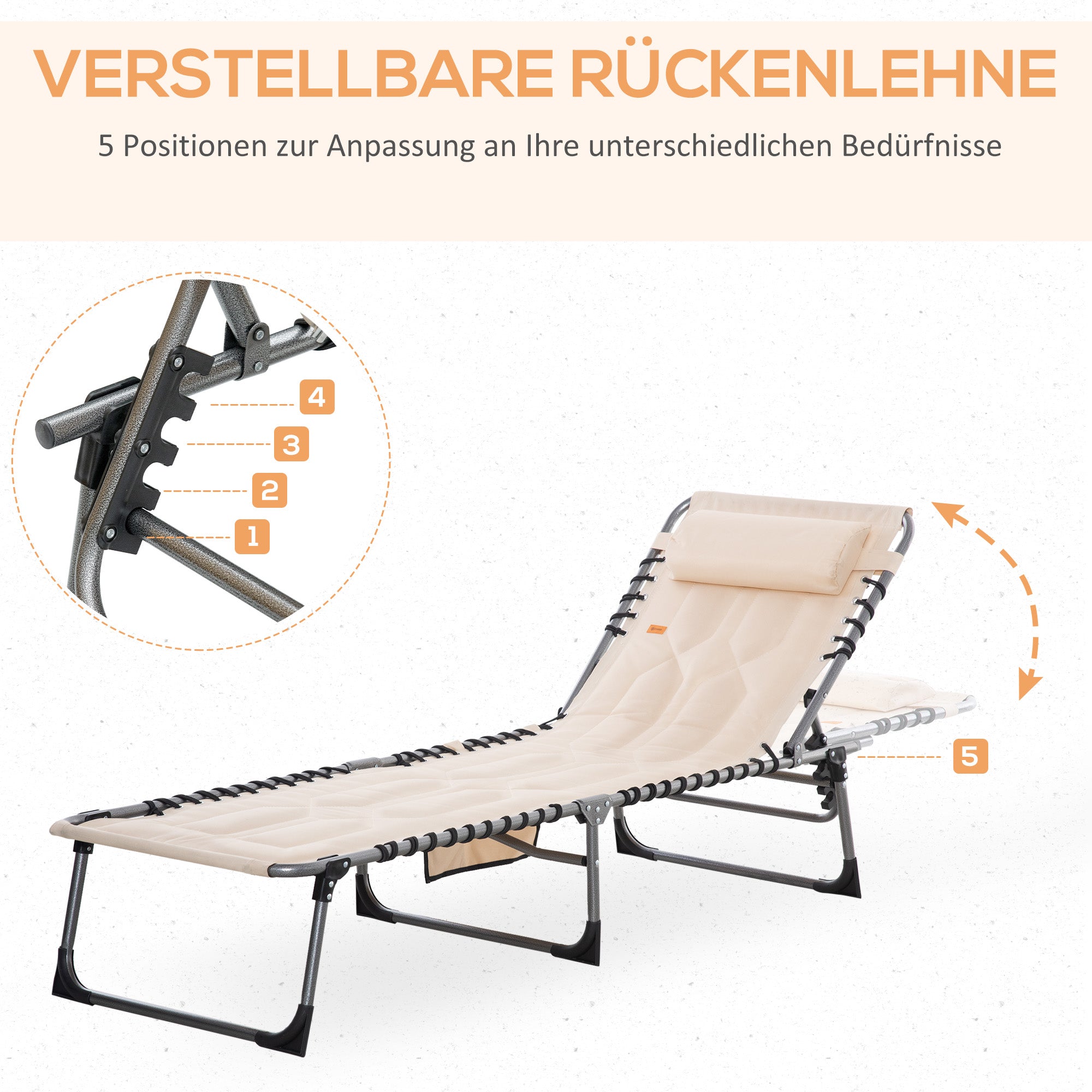 Sun Lounger, Foldable with Pillow, 5-Way Adjustable Backrest, Beige