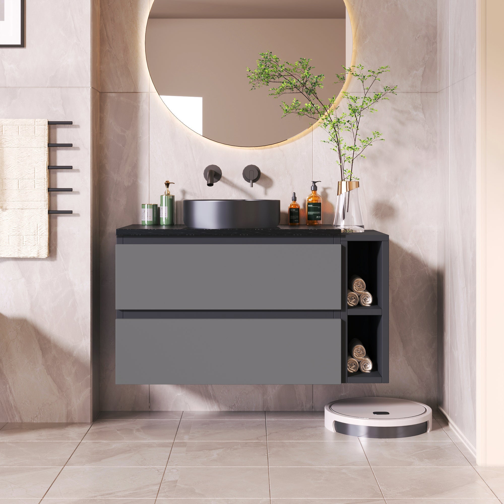 Wall-Mounted Vanity Unit 80cm Wide Ceramic Sink Drawers, Black/Grey