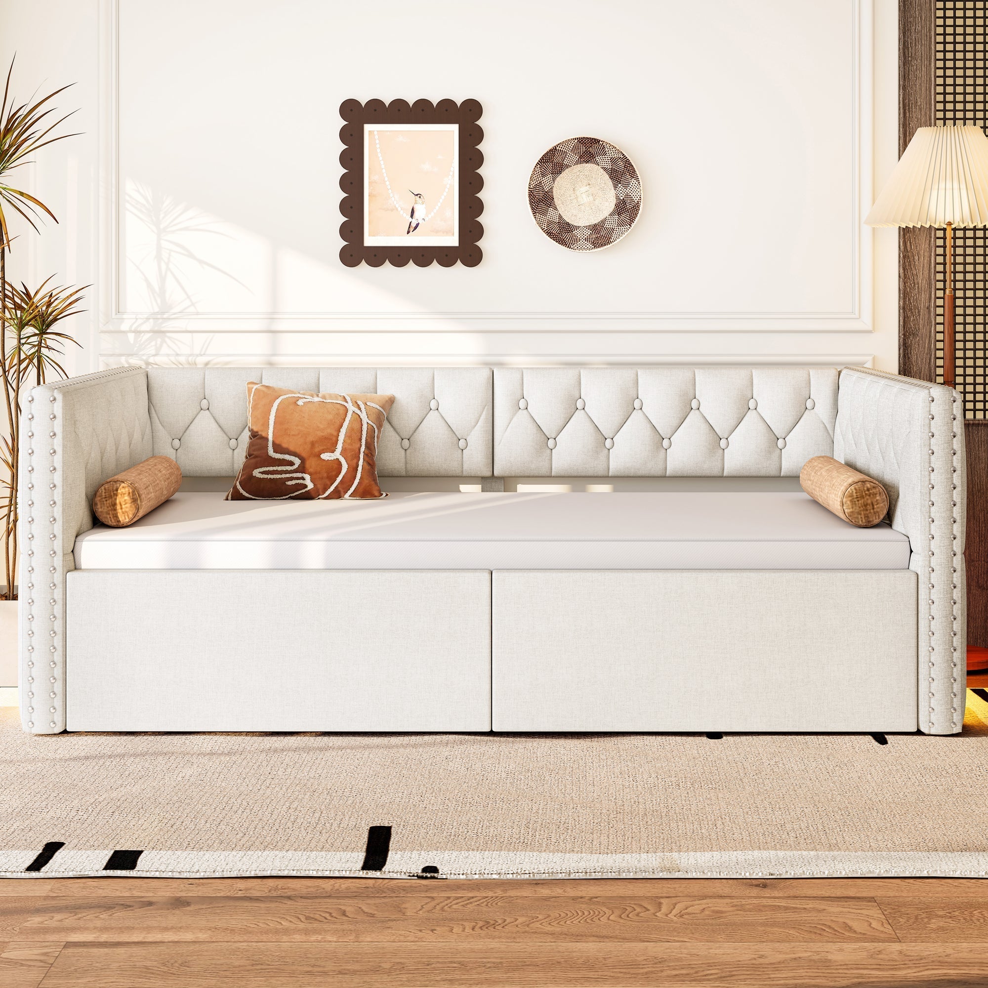 Extendable Daybed 90x200-180x200 Upholstered LED - Beige