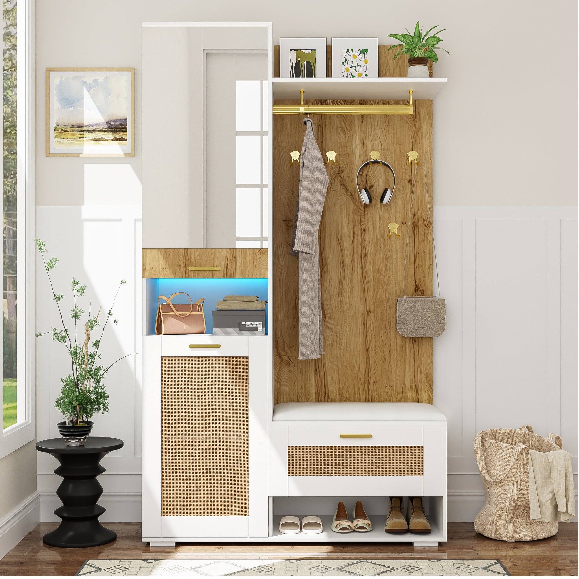 Wardrobe Set | 6-Hook Mirror Shoe Cabinet Bench | 16-Color LED Lighting