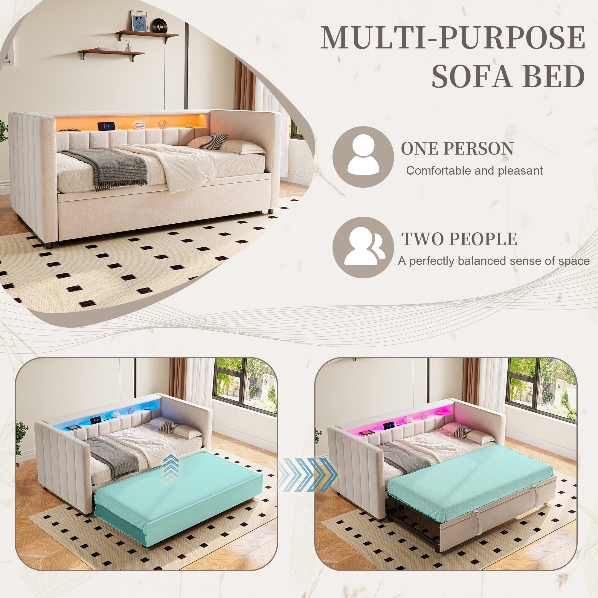 Multifunctional Sleeper Sofa, Pull-Out Bed, USB, LED, & Storage, Velvet Upholstery Beige