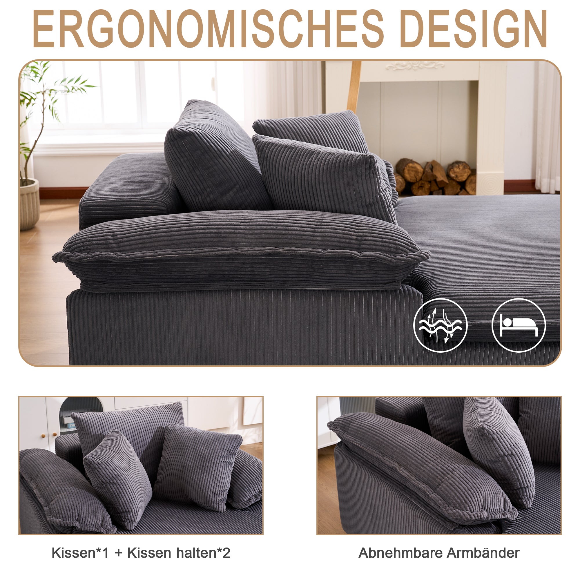 Reclining Sofa Frameless Wide Armrests 46cm High
