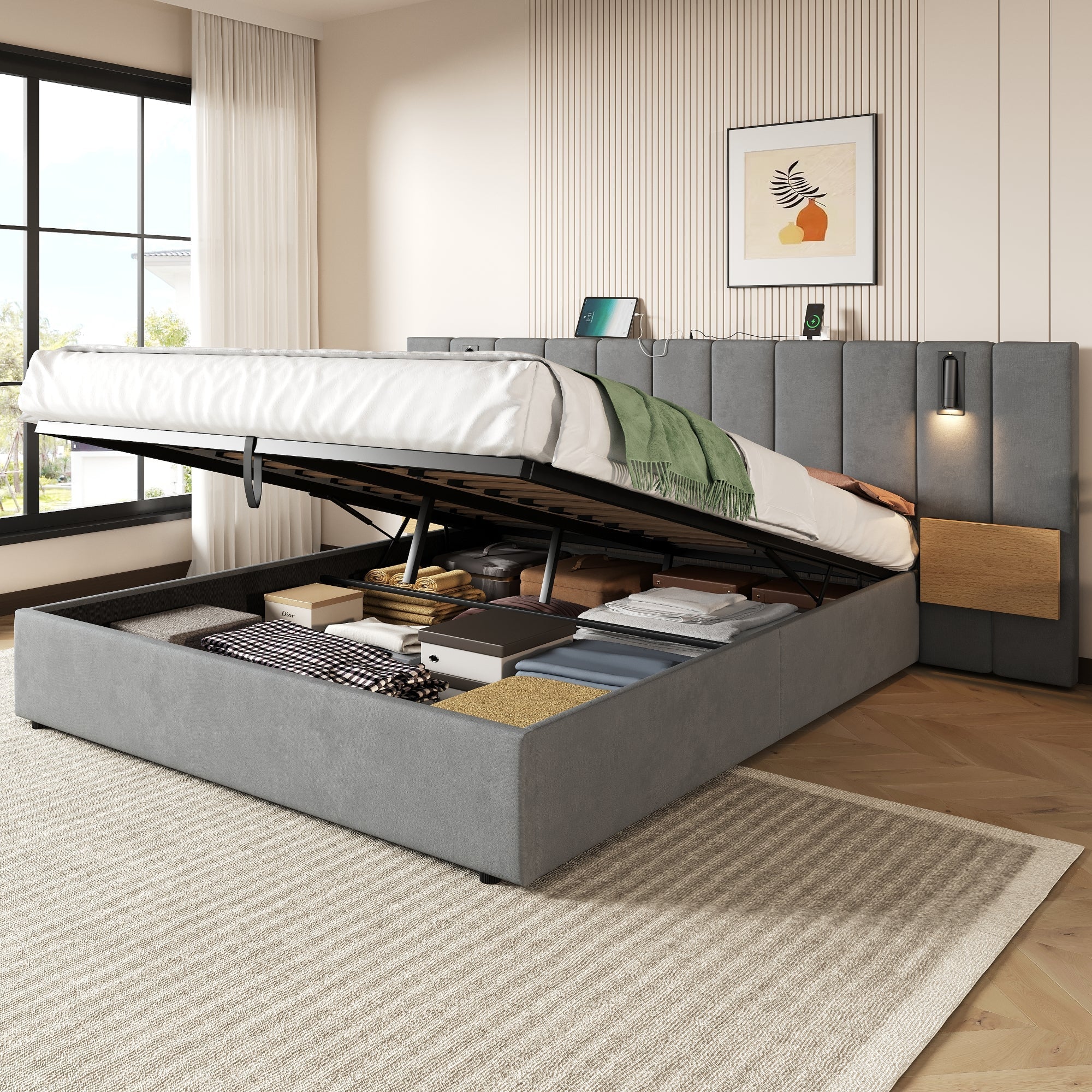 King Upholstered Bed with Charging Station, Hydraulic Storage, Reading Light, Grey Velvet