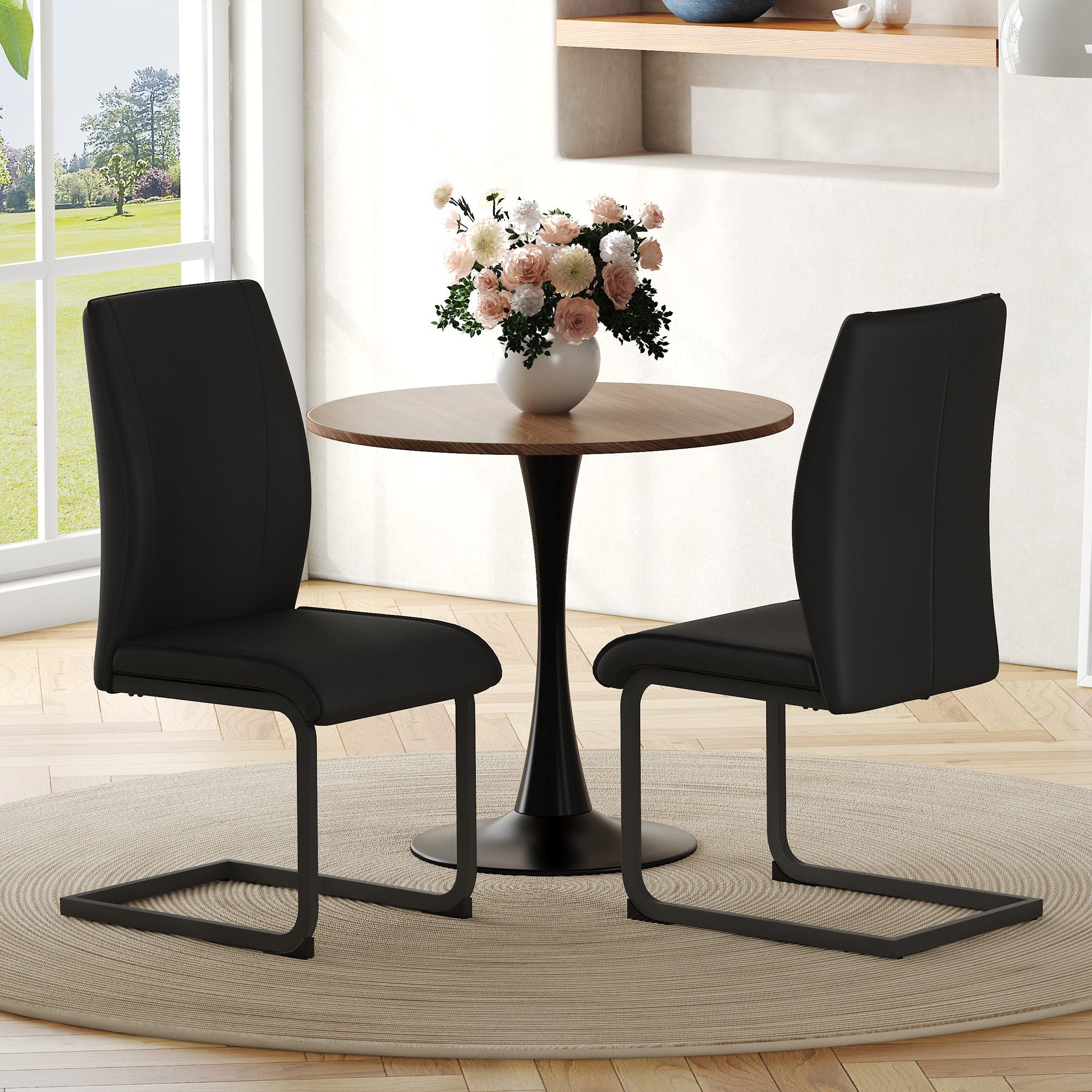 2-Piece Dining Chair Set Ergonomic Metal Legs - Black PU