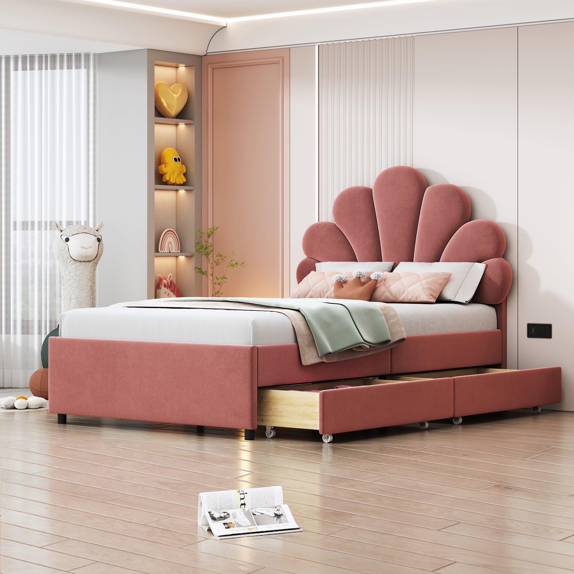 Children's Upholstered Bed 90x200 Floral Headboard Storage Velvet Pink