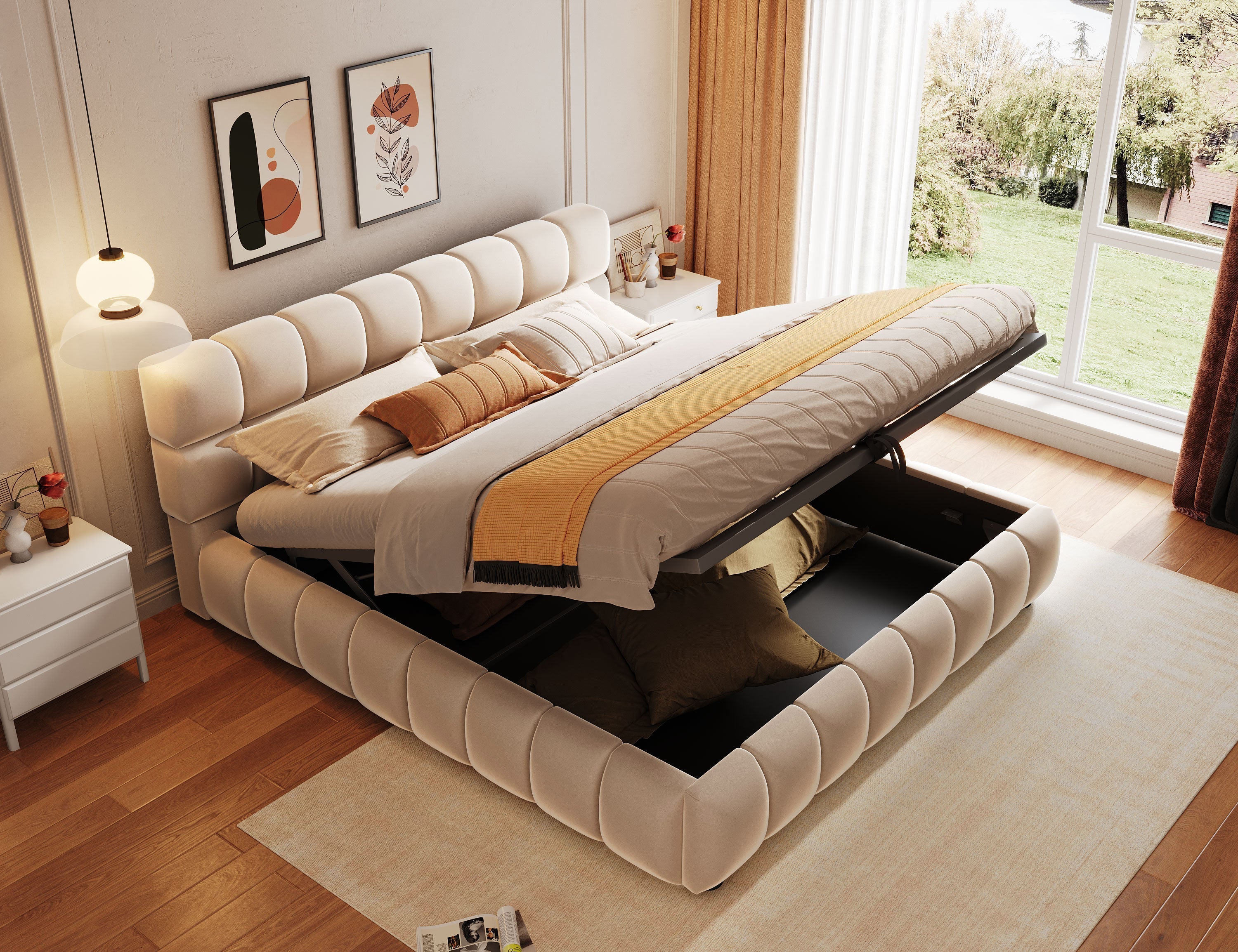 Upholstered Bed 140x200cm Hydraulic Storage, Velvet Beige
