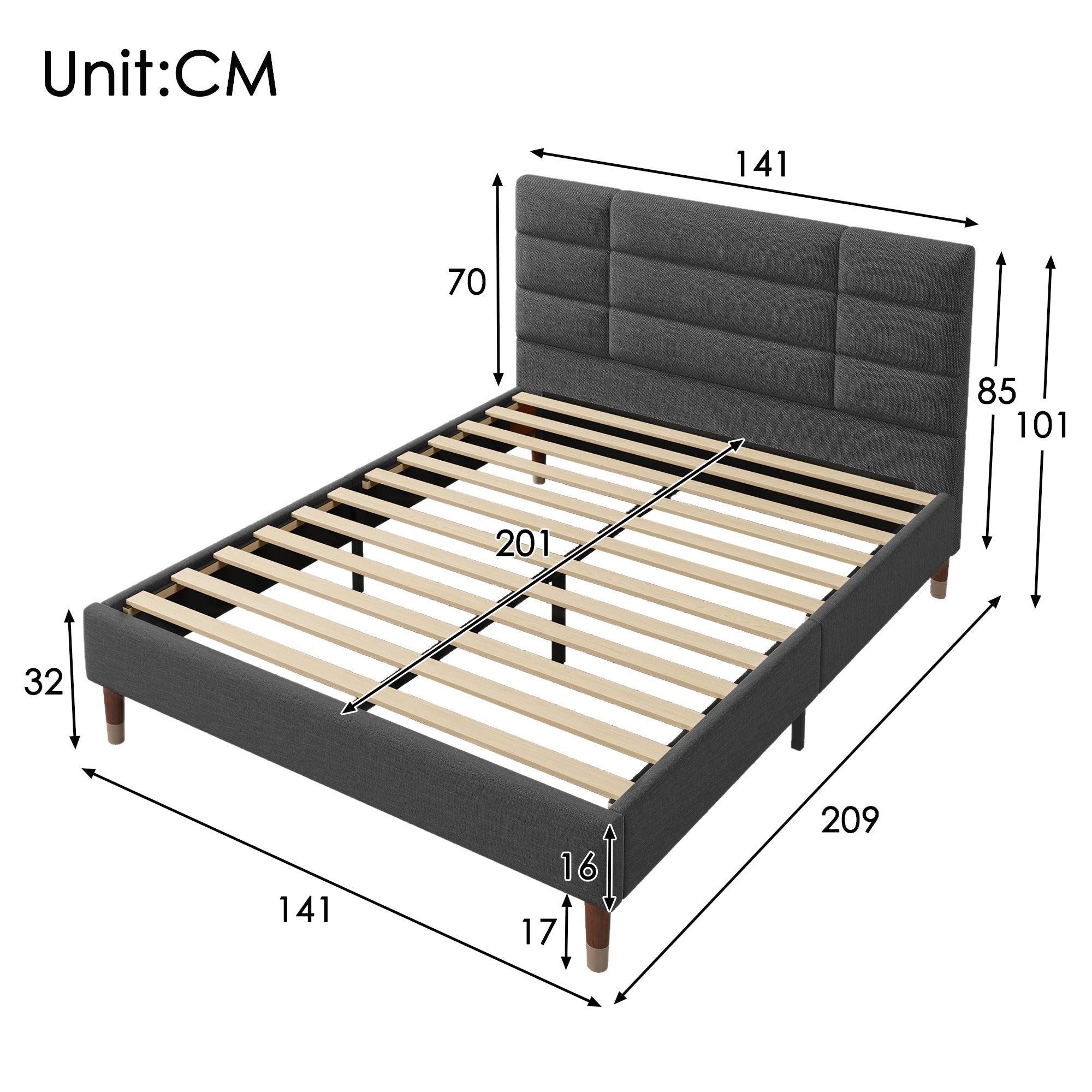 Upholstered Double Bed 140x200cm Slatted Base Headboard, Dark Grey Linen