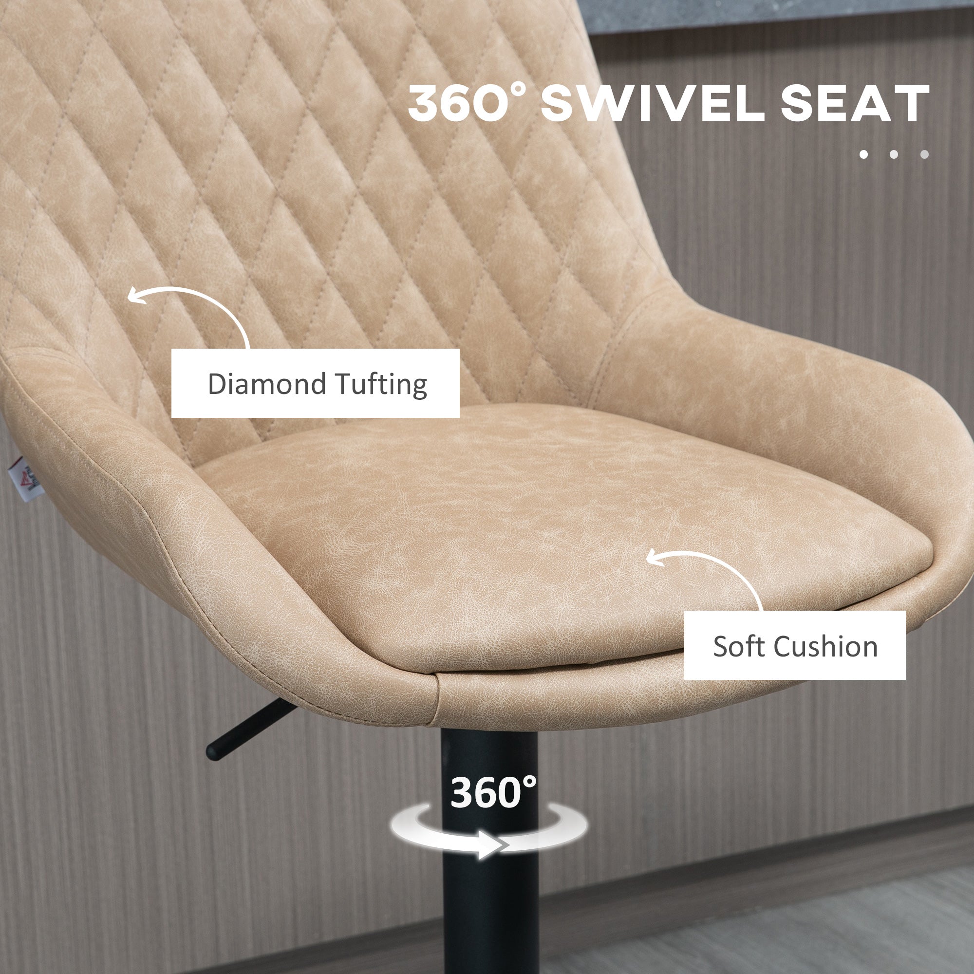 Retro Bar Stools Set of 2, Adjustable Upholstered Swivel Seat, Light Khaki