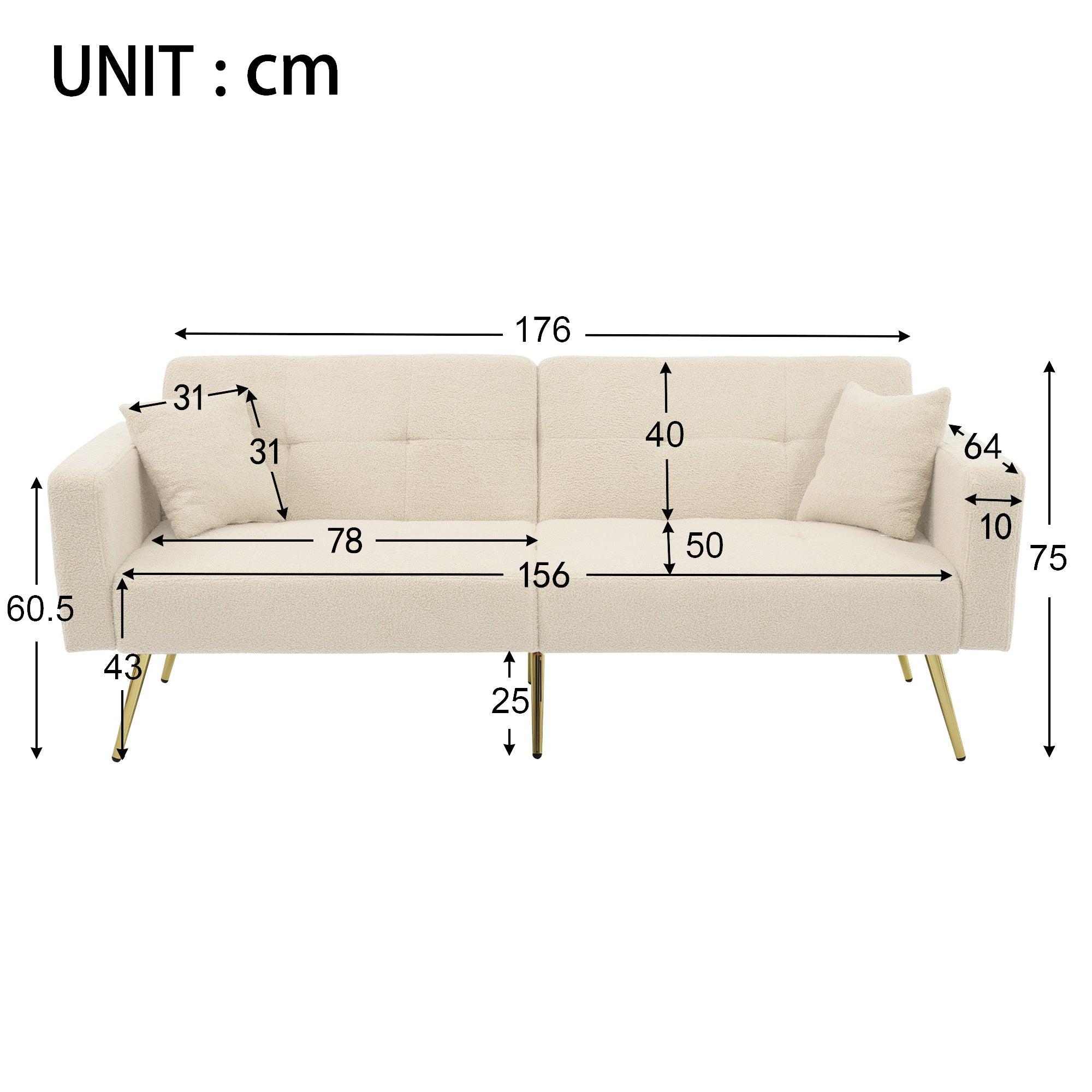 Sofa Bed with Adjustable Backrest, Gold Legs & Storage Pockets, Cushions Included