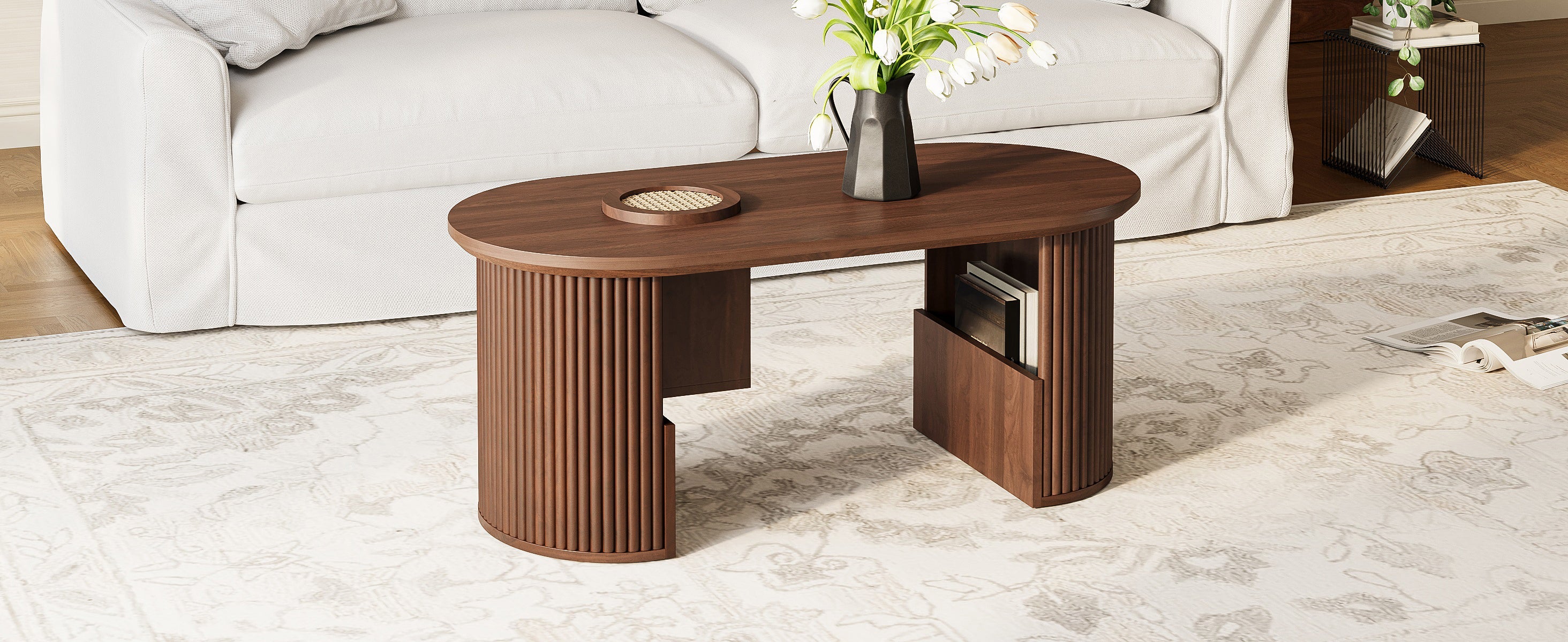 Modern Retro Coffee Table with Vertical Texture, 105x50x46.5cm, Walnut