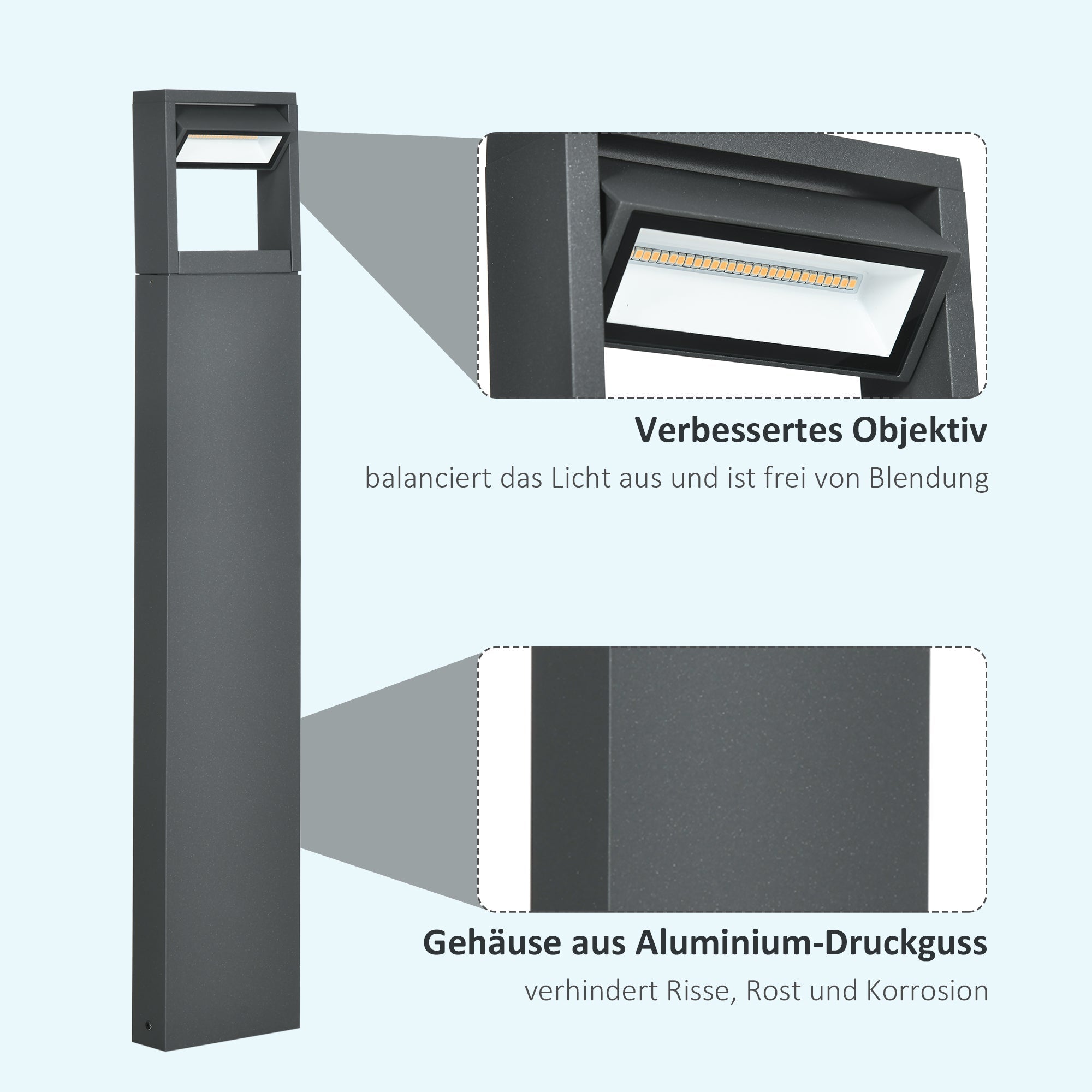 Gartenleuchte, Warmweiße LED-Poller-Wegeleuchte, IP65 Wasserdicht, Dunkelgraues Aluminium