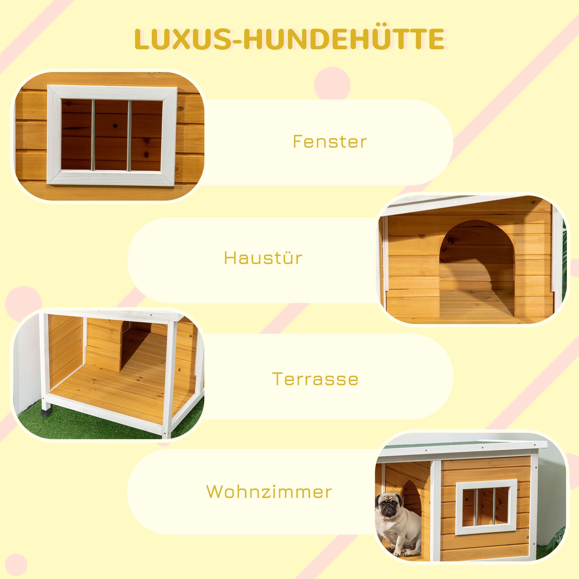 Doghouse with Veranda, Hinged Roof & Adjustable Feet, Natural Wood Orange