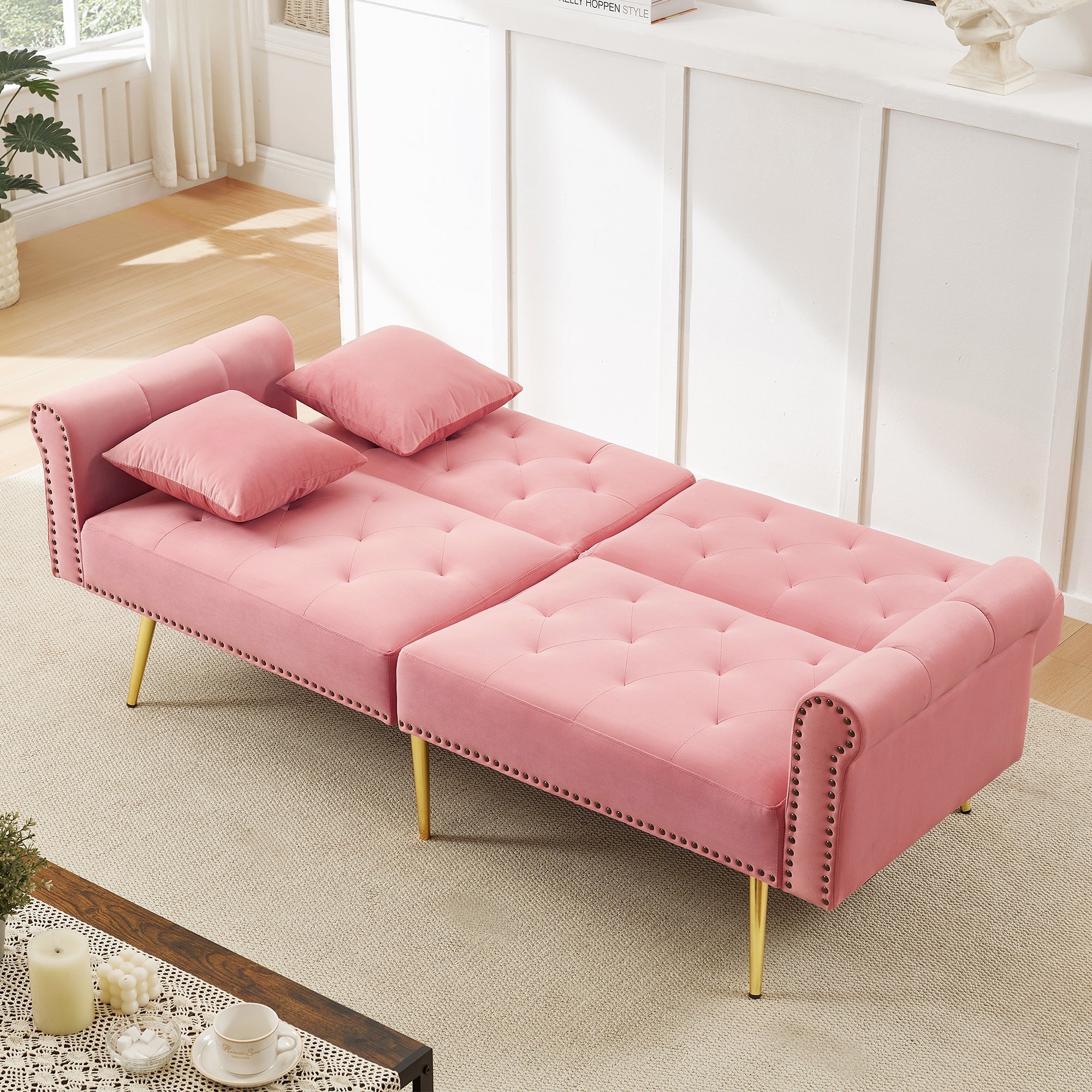 Sofa Bed, 2-Seater with 3-Level Adjustable Backrest & Gold-Plated Metal Feet, Velvet
