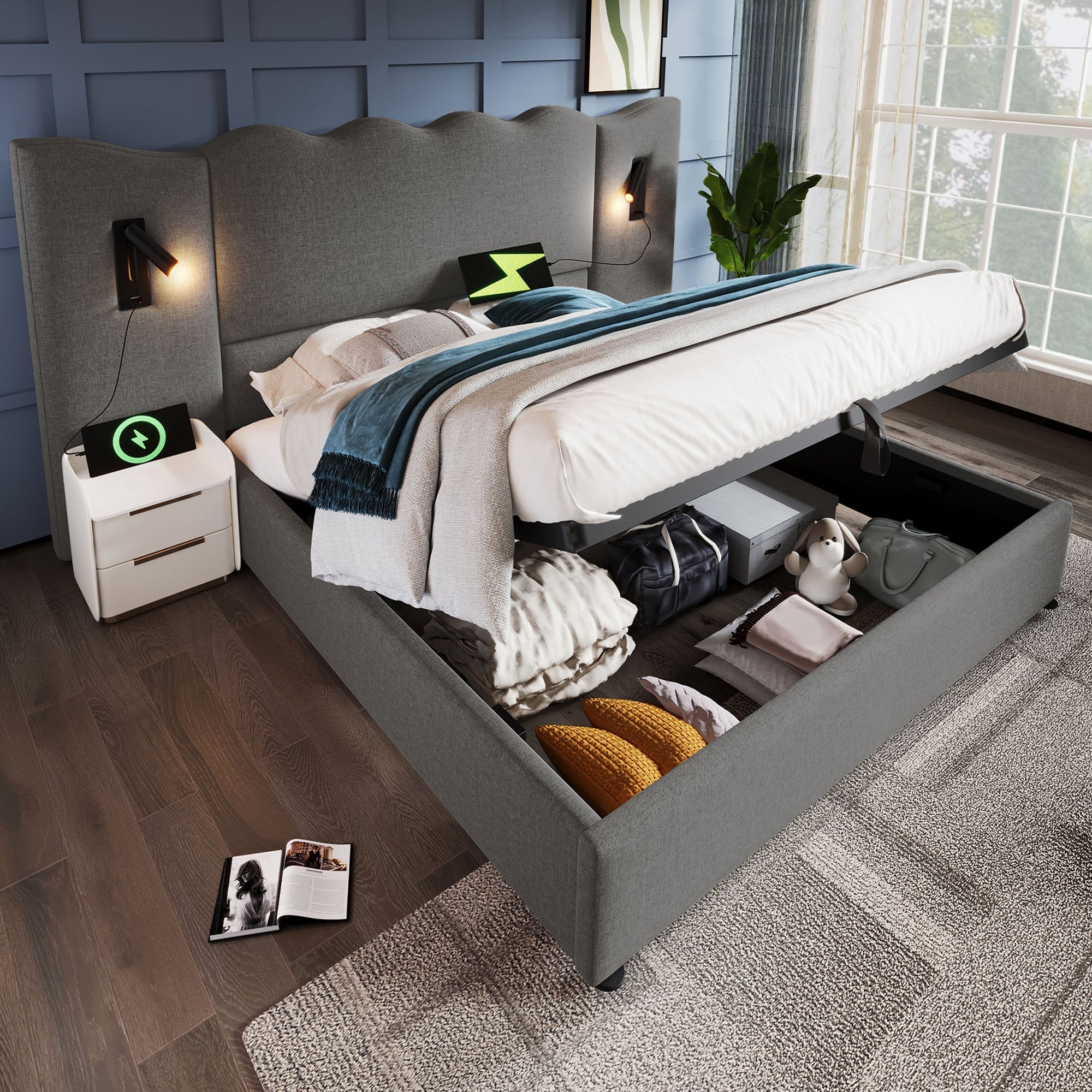 Upholstered Double Bed 180x200 with Reading Lamp and USB Type-C, Storage Bed Frame, Grey Linen