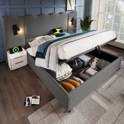 Upholstered Double Bed, 160×200, Reading Lamp, USB Type-C, Storage, Solid Wood & Metal, Grey Linen