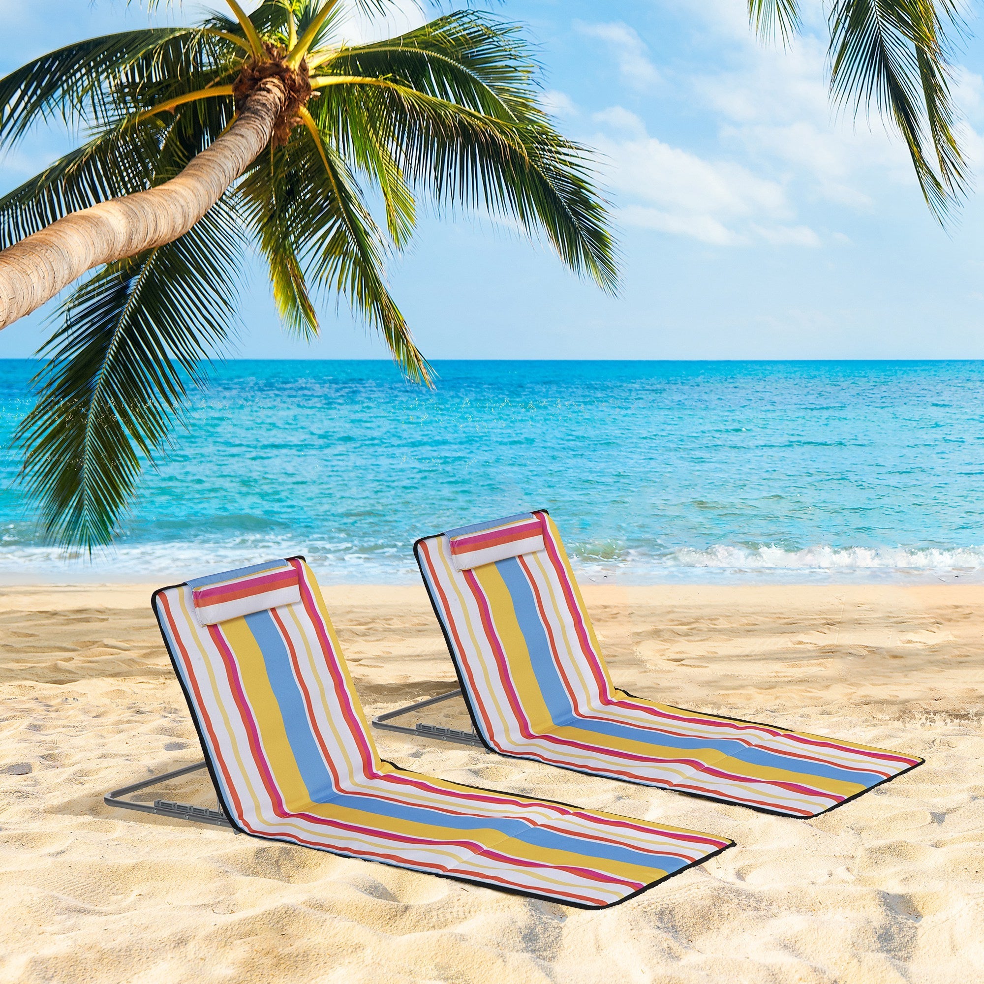 Beach Mat Set of 2, Foldable Lounger 5-Level Adjustable with Headrest & Bag, Steel, Multicolor