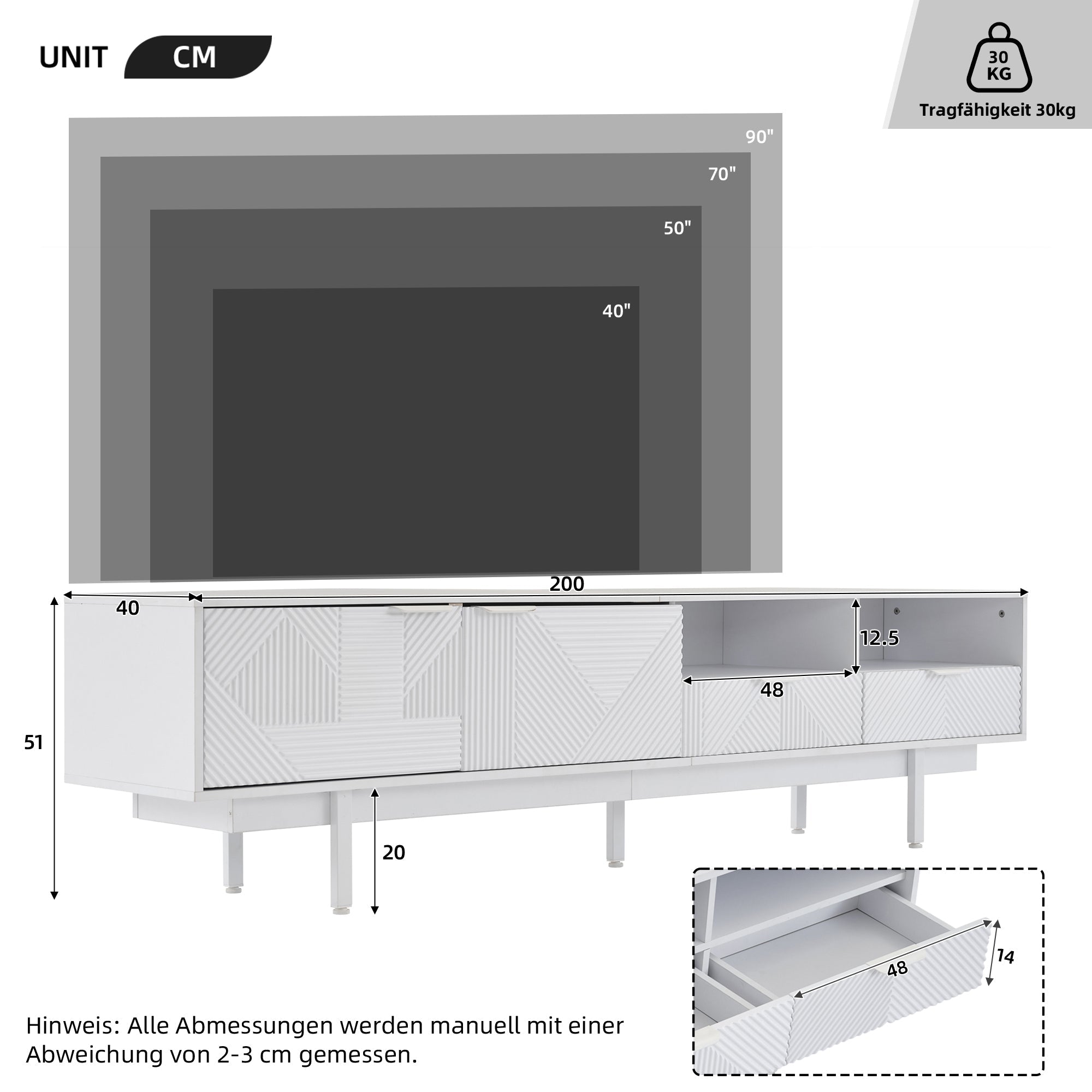 TV Cabinet, Modern Bohemian Abstract Geometric Lines, White, 200x40x51cm for 90-inch TVs