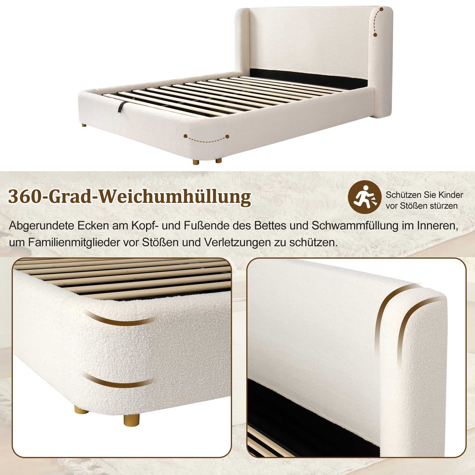 Upholstered Double Bed with Hydraulic Storage, Slatted Frame, and Headboard, Beige Bouclé, 160 x 200