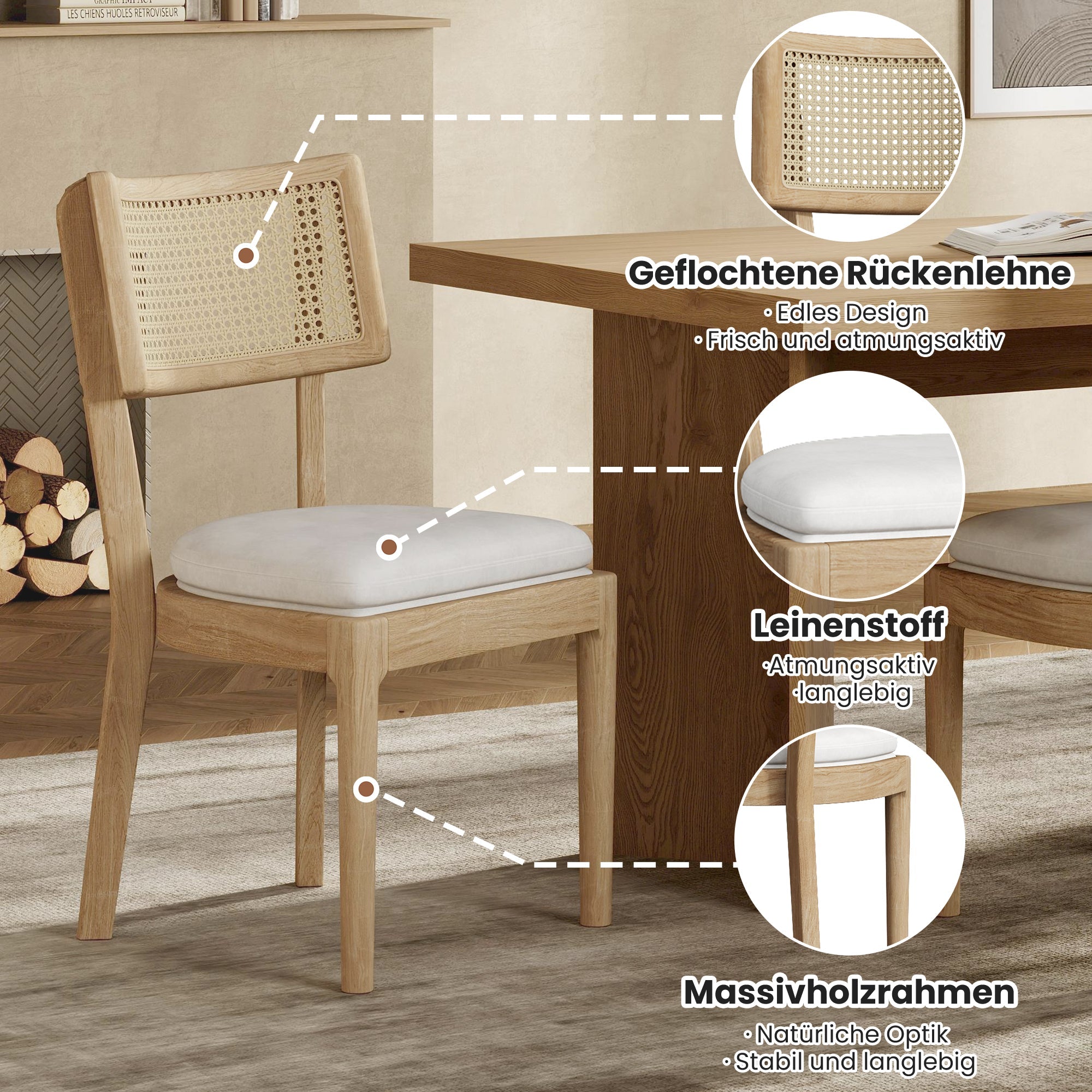 6 Solid Wood Dining Chairs with Rattan Backrests, Linen, Wood Color