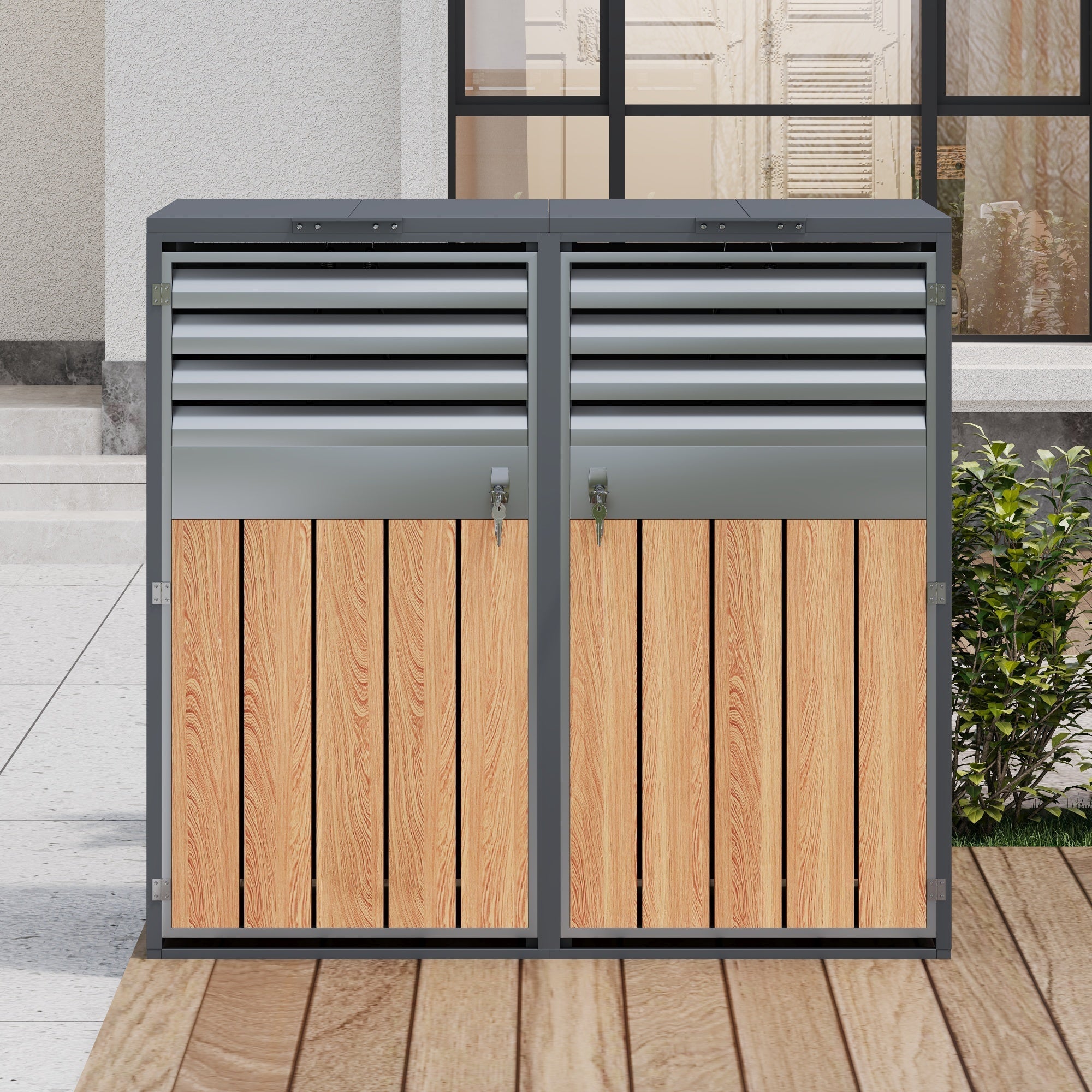 Bin Storage Box with Hinged Lid, Louvered Ventilation and Two Doors, Lockable Plastic