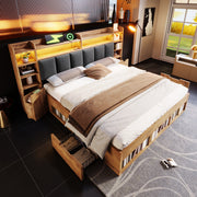 Double Bed System Bed with LED Headboard, Bedside Tables, USB Ports and Storage, 160x200cm, Oak Finish