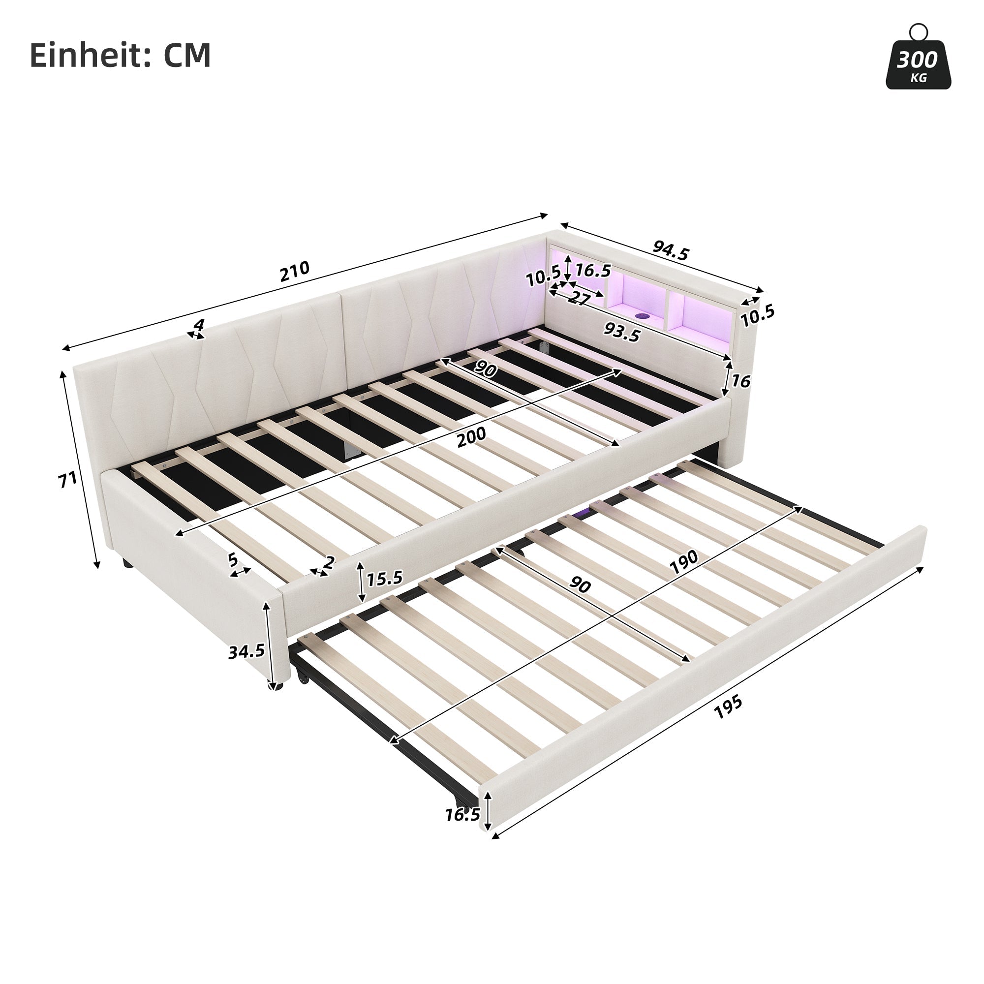 Daybed Sofa Bed 90x200cm Pull-out Bed Storage LED USB/Type-C - Linen Beige