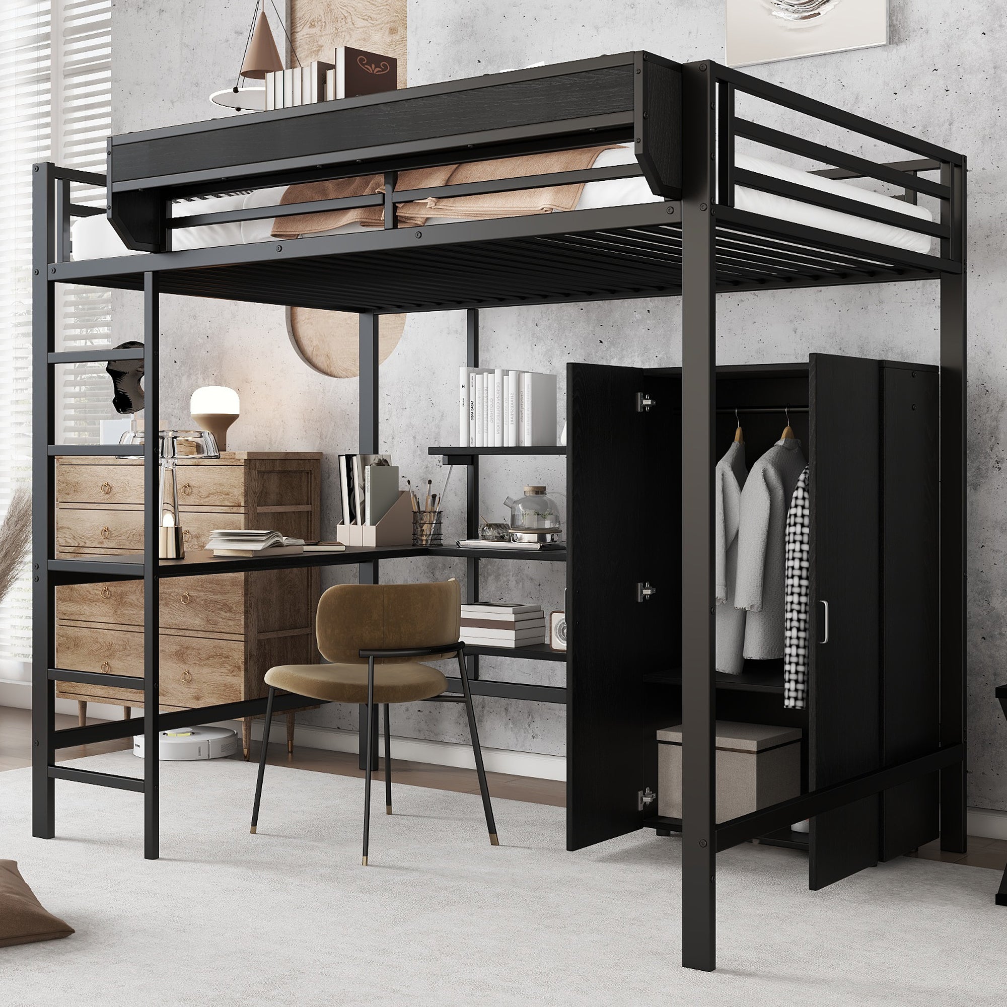 Iron Loft Bed with Desk, Storage and Wardrobe, Black Iron and MDF, 140x200cm