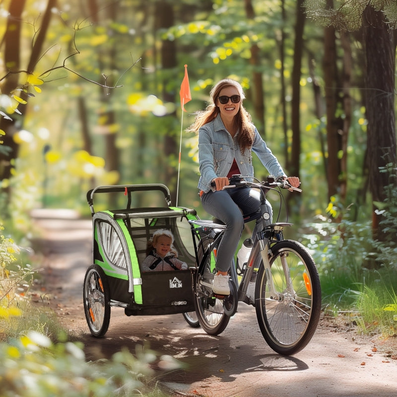 2-in-1-Fahrradanhänger, 2 Kinder, Schiebewagen, Regenverdeck, Bremse, Grün