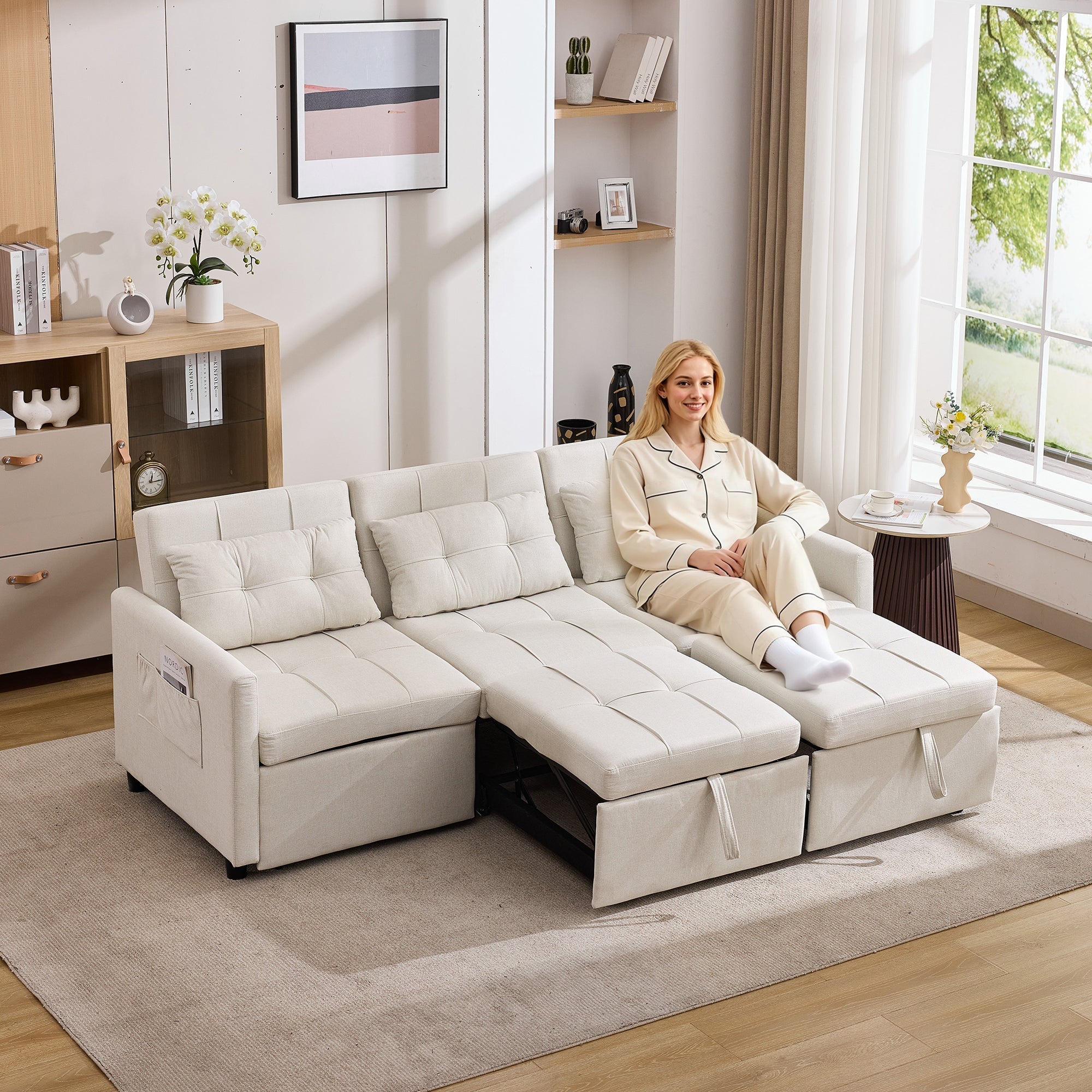 3-Seater Sofa Bed Adjustable Back Storage L-Shape - Beige