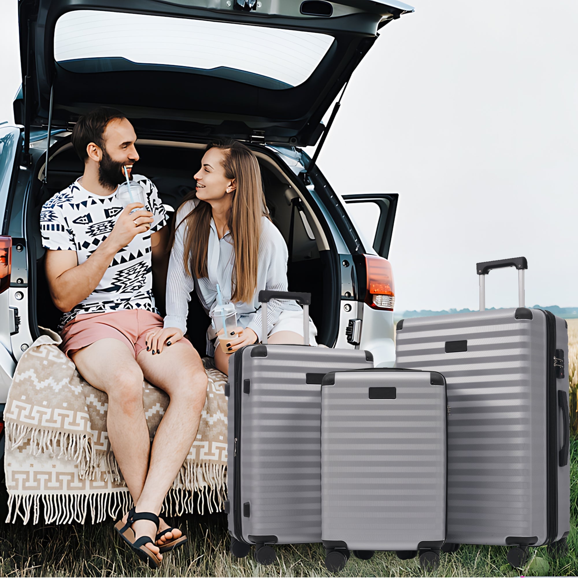 M&L&XL 3-Piece Suitcase Set - Expandable, Reinforced Corners, Cup Holder, TSA Lock, 360° Rotating Wheels, ABS Hard-Shell