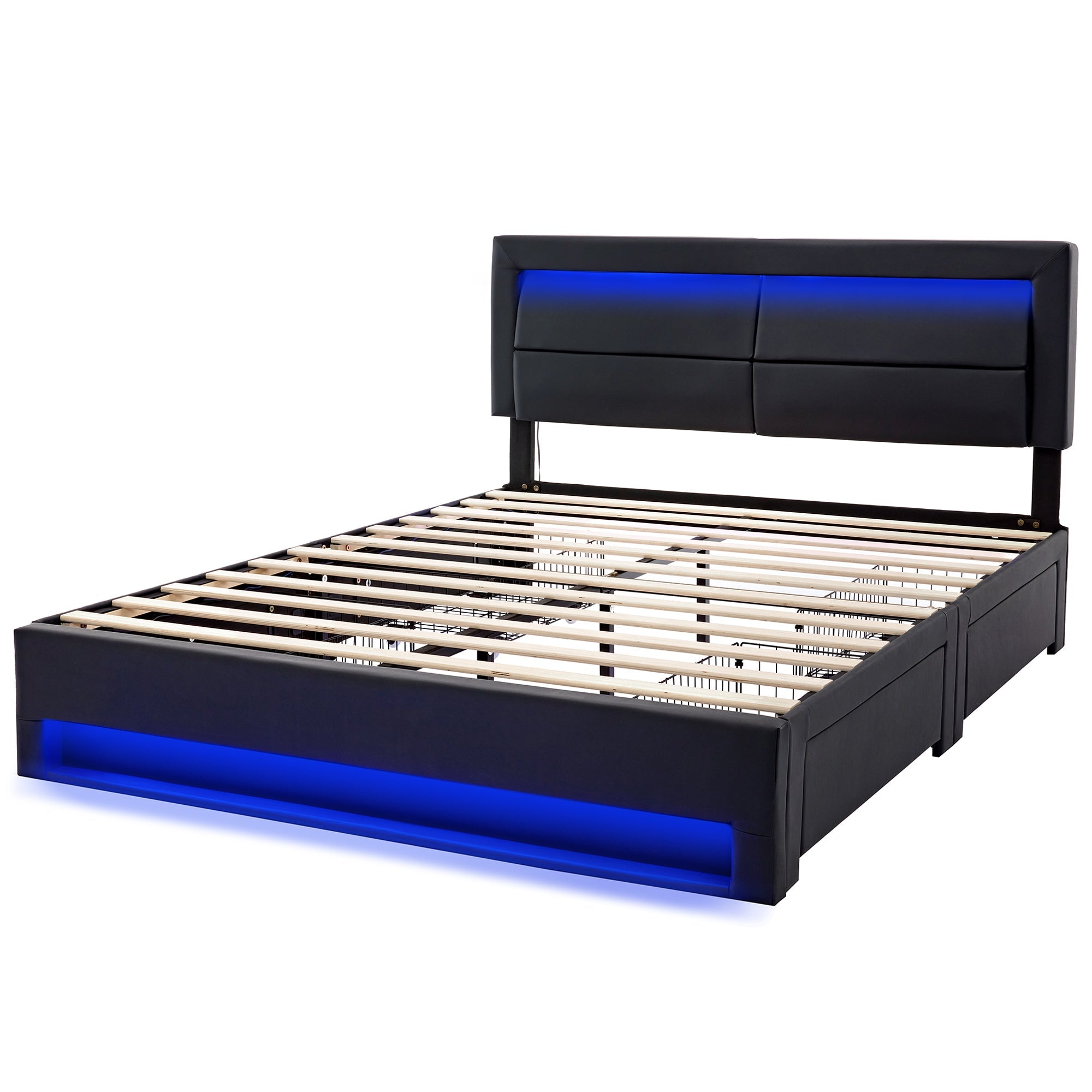 Upholstered Bed with LED Lighting, USB Ports & Storage Drawers, Black