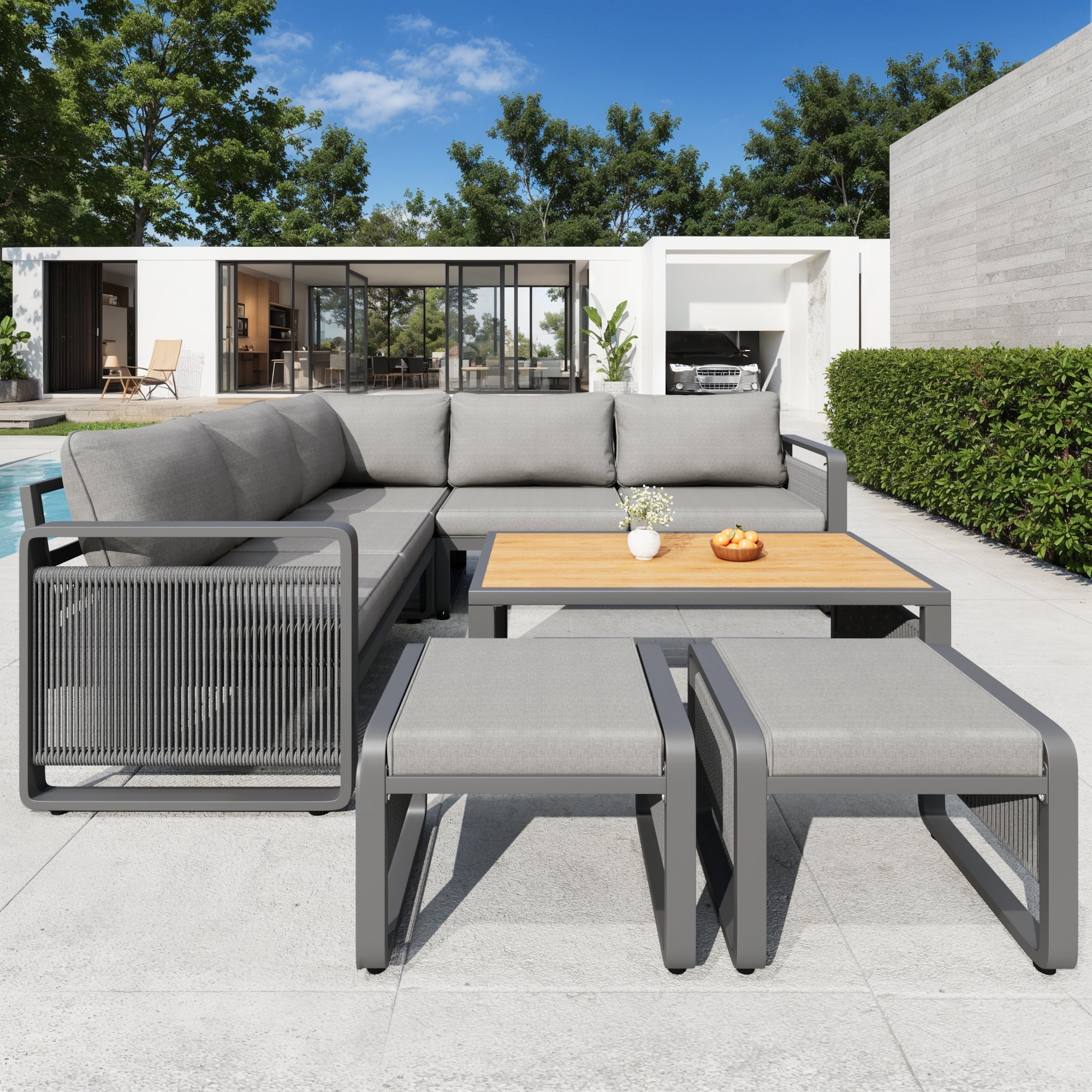 Garden Lounge Set, 6-7 Person Weatherproof Corner Sofa with Hand-Woven Rope and Cushions, Grey Iron