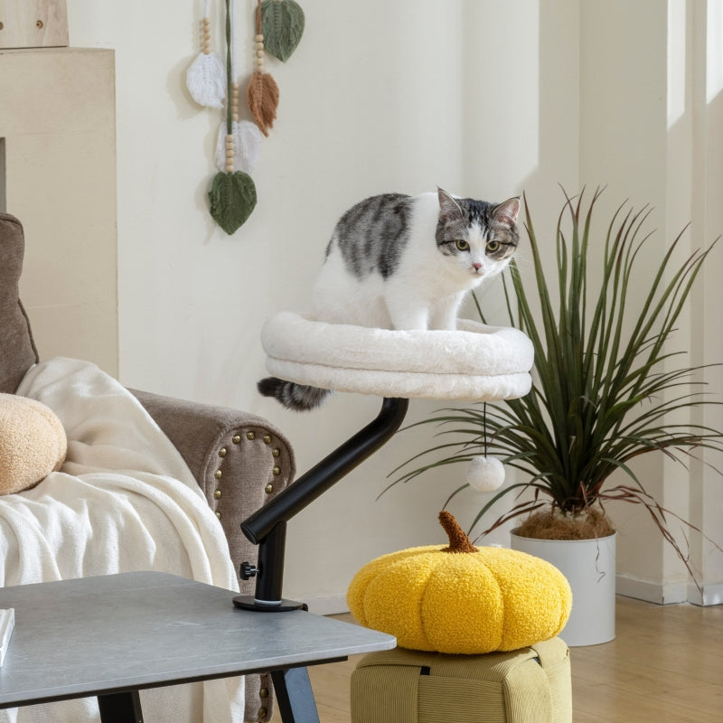 Cat Desk Bed, 360° Rotation, Adjustable Height, Washable, Cream White