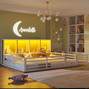 Fence Daybed with Storage Compartment and Railing, 140 x 200cm, White Metal and MDF