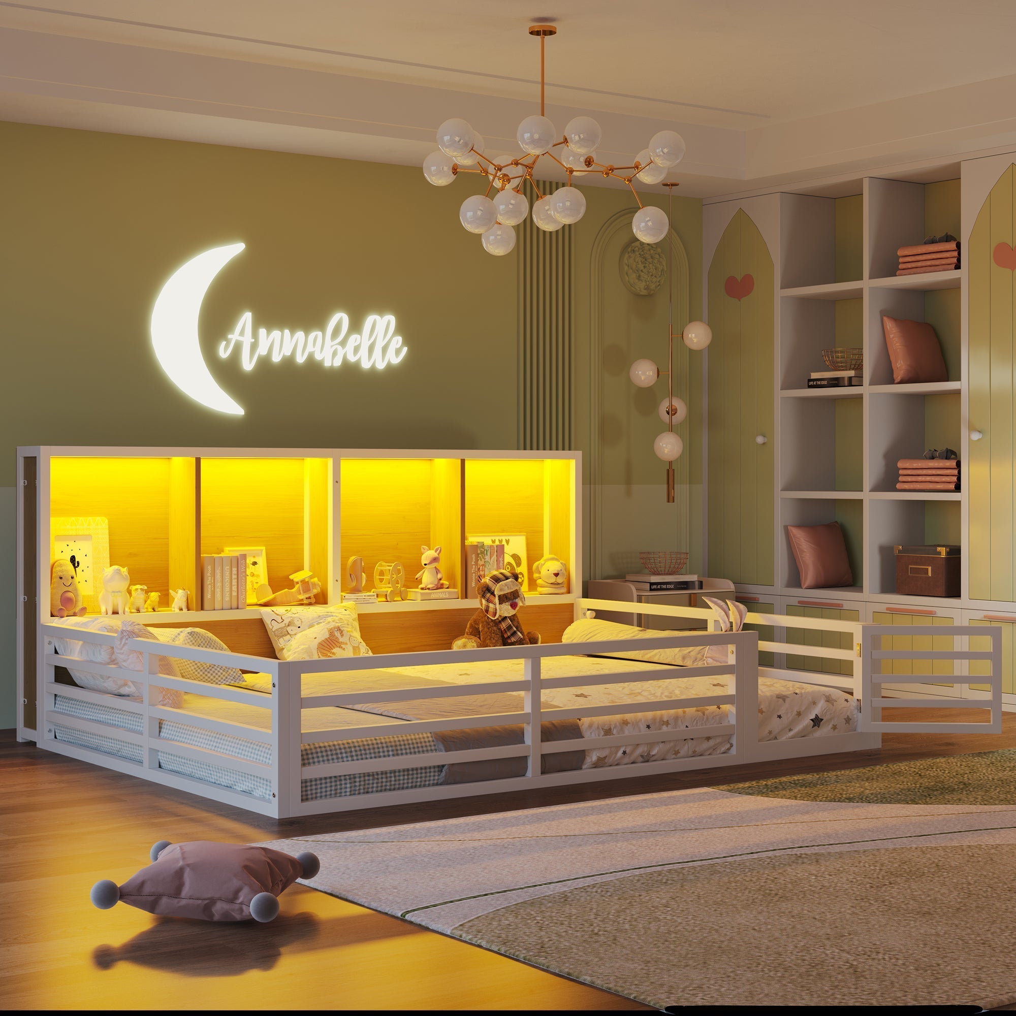 Fence Daybed with Storage Compartment and Railing, 140 x 200cm, White Metal and MDF
