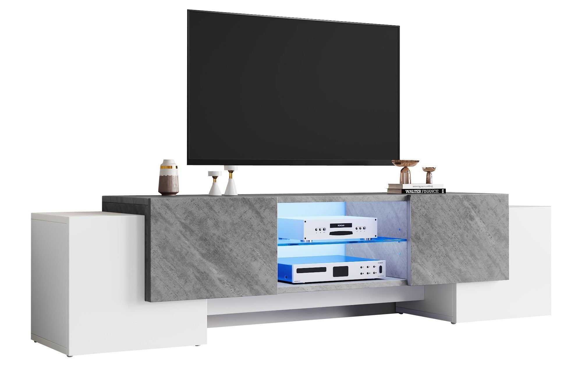 TV Cabinet 180*40*46.5cm, Lowboard with Bluetooth LED, White & Gray