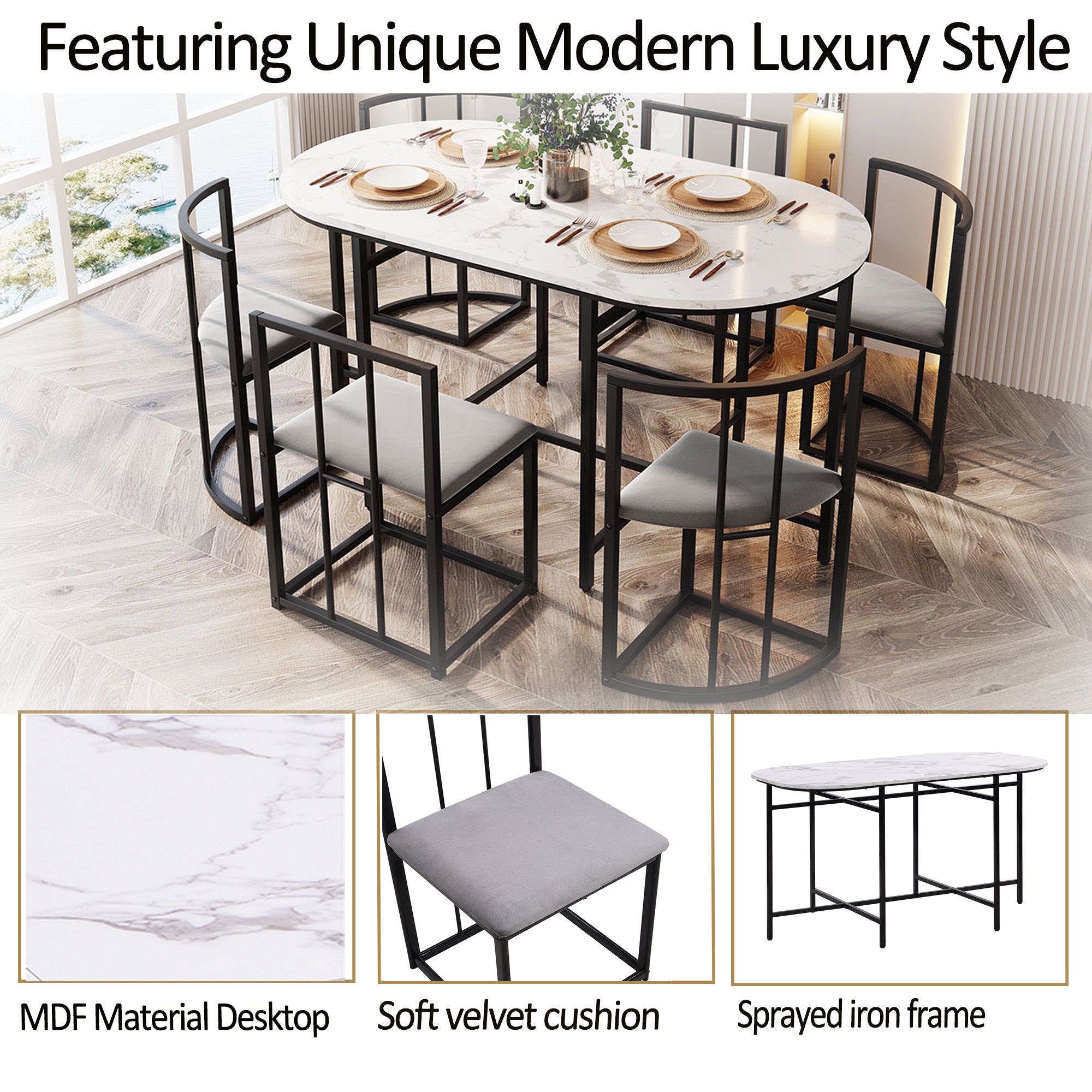 Dining Table Set, 6-Piece Round White MDF Table with 4 Dark Grey Velvet Chairs & Black Iron Frame