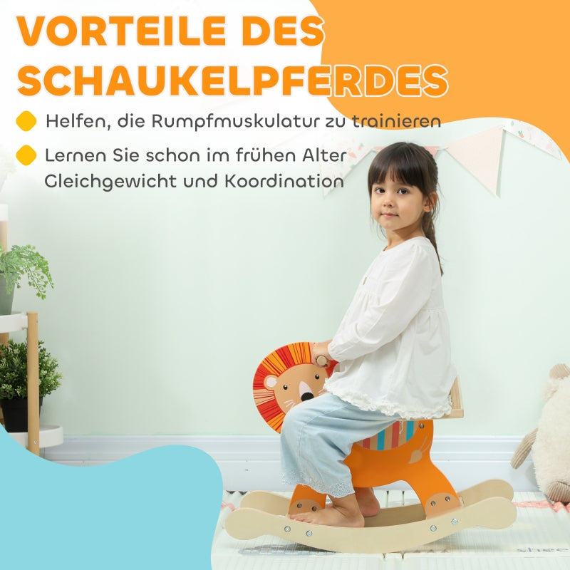 Rocking Horse with Lion Design, 25 kg Weight Capacity and 2-5 Years, Wood Orange
