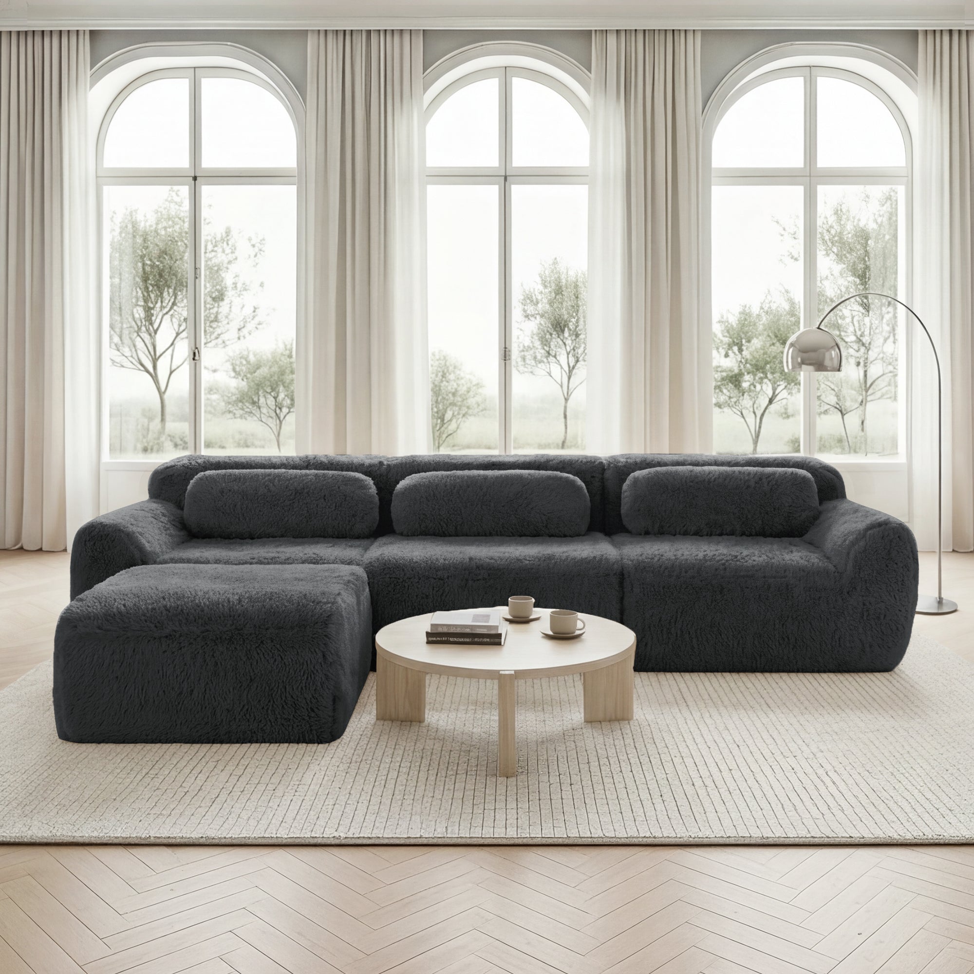 L-shaped Modular Sofa Frameless Deep No Assembly - Plush Fabric Grey