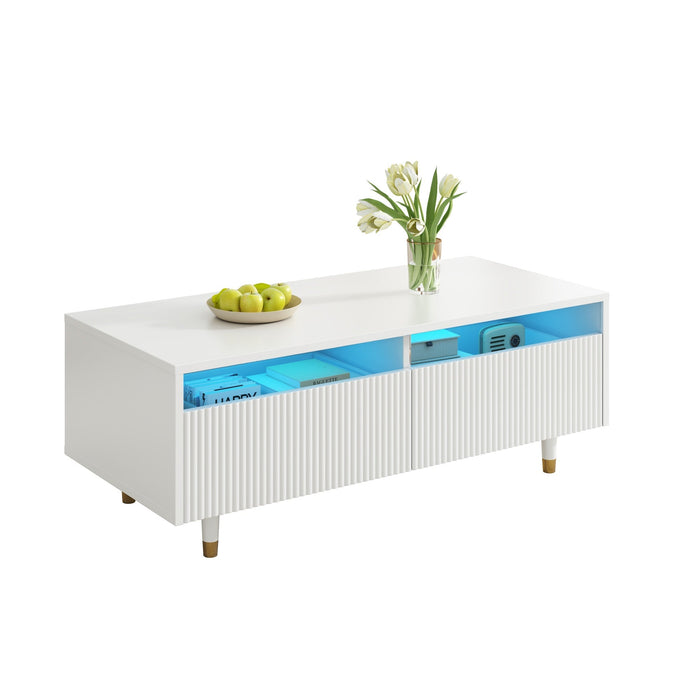 Modern LED coffee table wavy drawer top, two drawers, color-changing light strip, gold and white