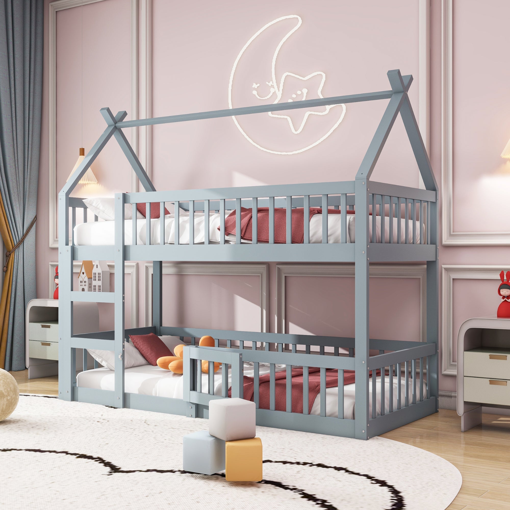 Children's Bunk Bed with Stairs, Loft Design, Solid Wood, Grey