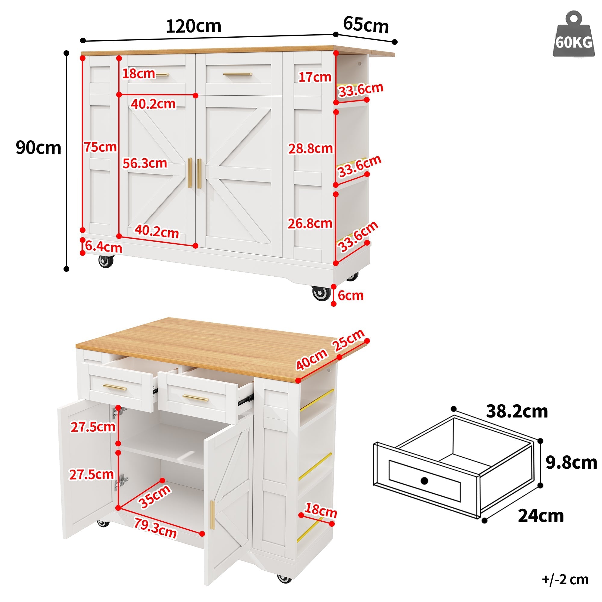 Kitchen Island Extendable Dining Table Storage Wood Grain - White