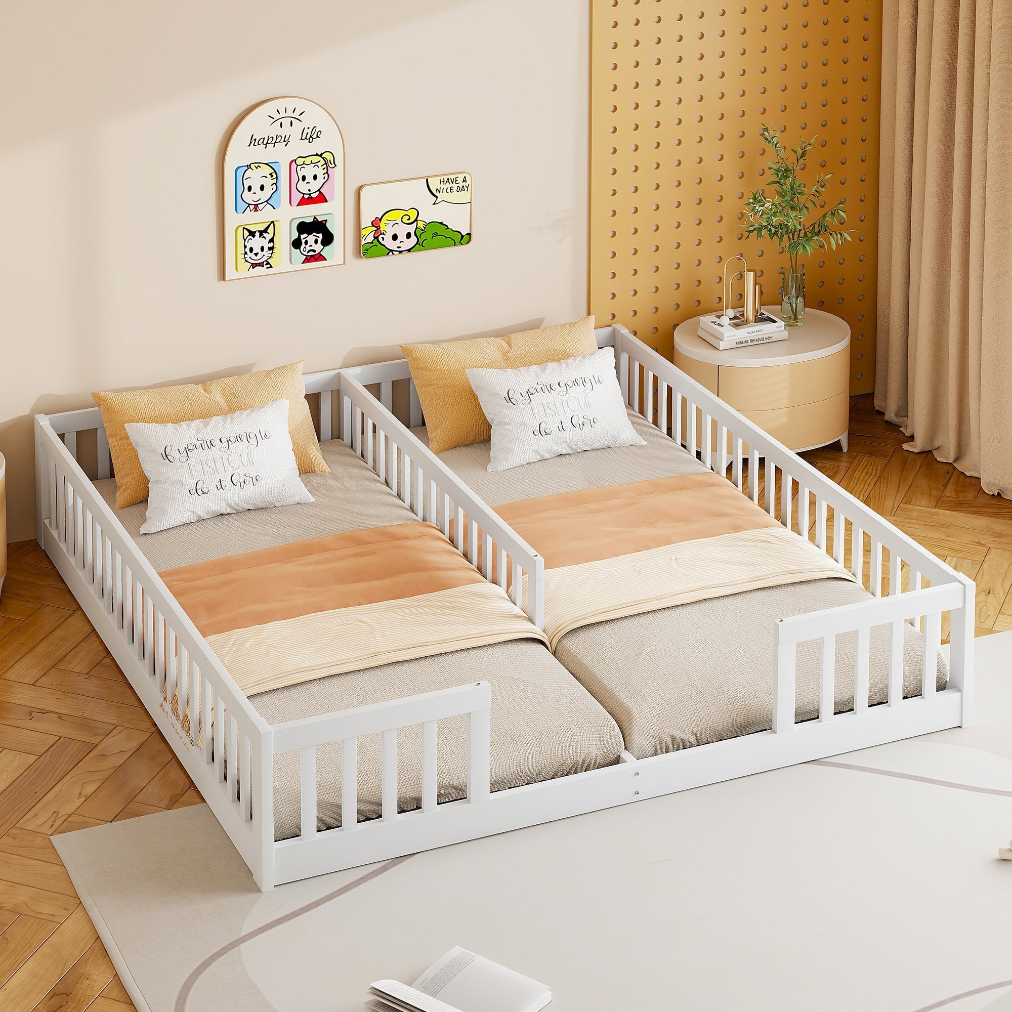 Panel Bed with Railing and Slatted Base, 90 x 200 cm, Pine Wood White