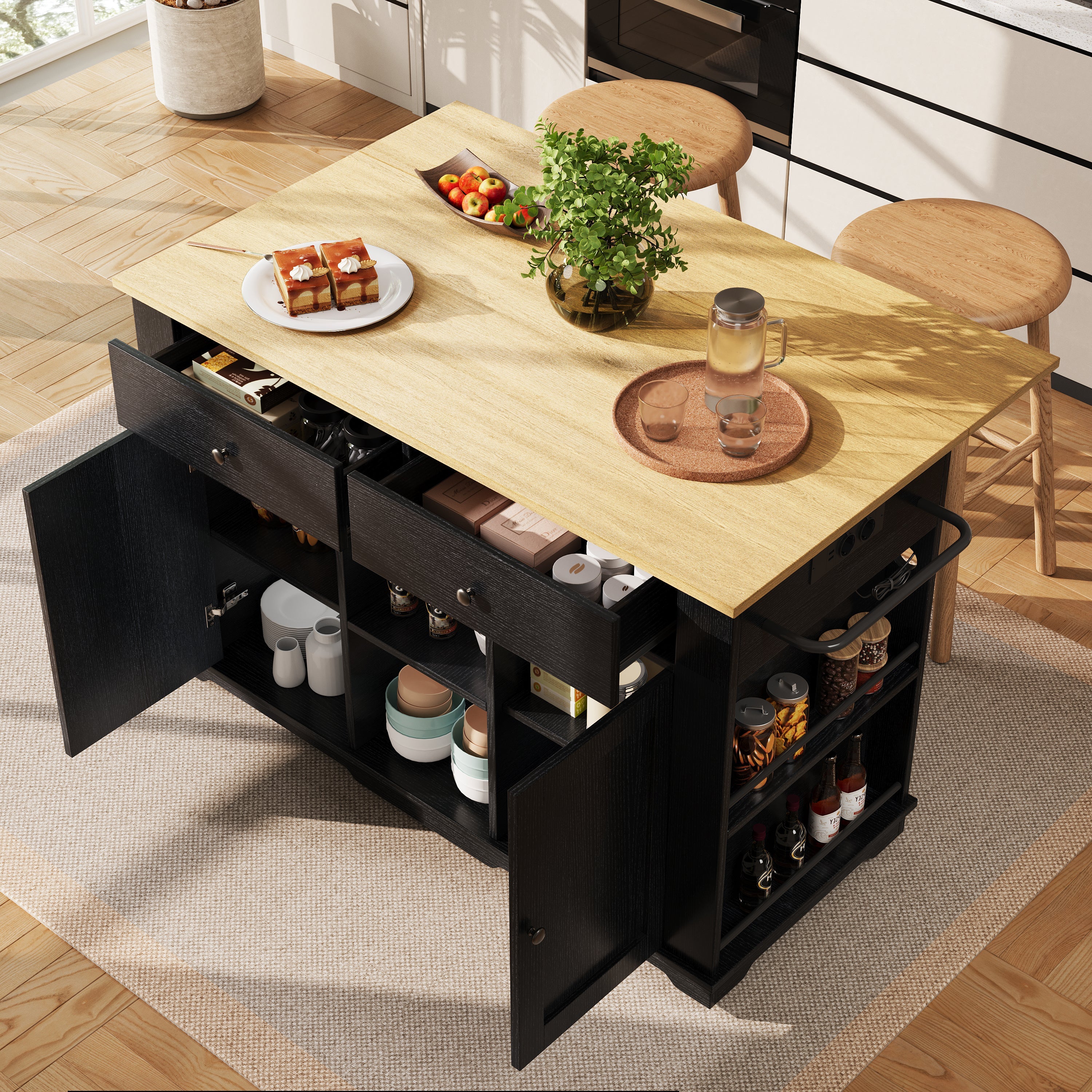 Kitchen Island Trolley Worktop Power Strip Wood Grain Storage - Black